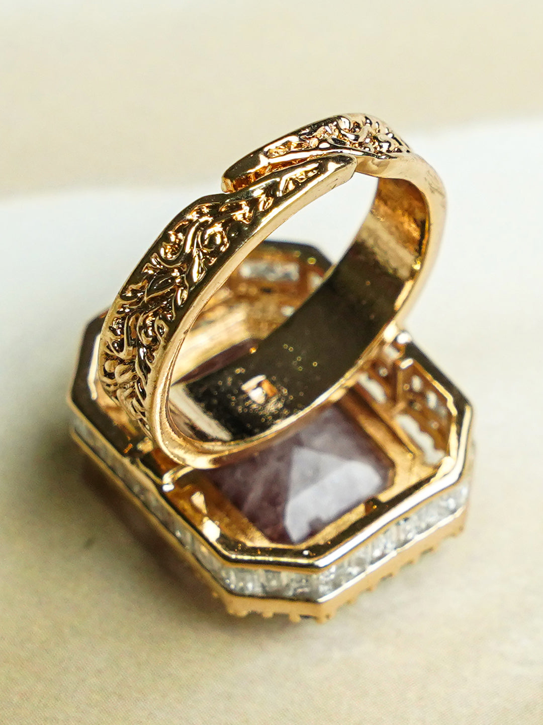 Zevar Club Gold-Toned Ruby Pink & Cubic Zirconia Studded Royal Statement Adjustable Ring