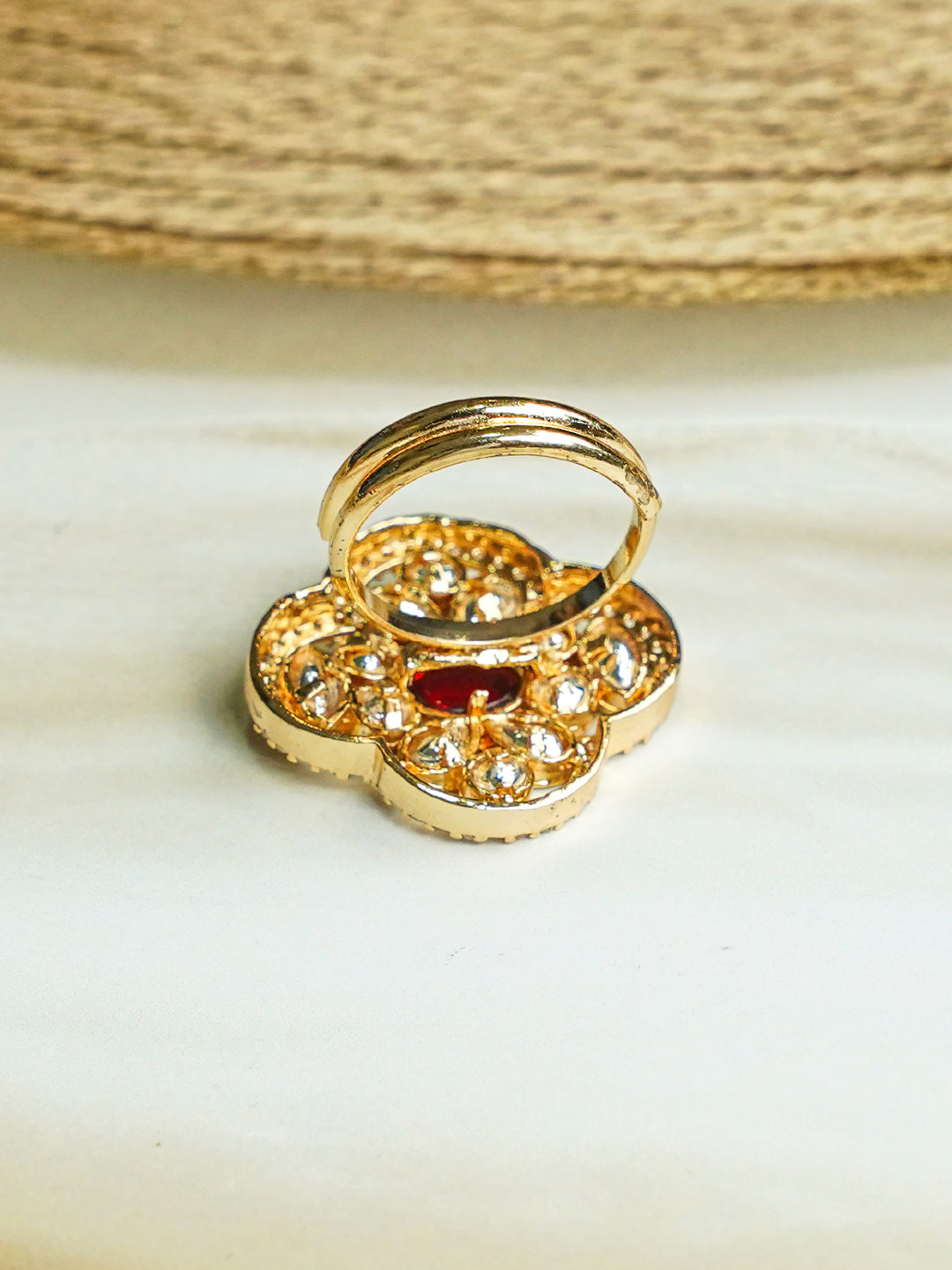 Zevar Club Gold-Toned White Kundan & Ruby Red Stone Studded Floral Adjustable Ring
