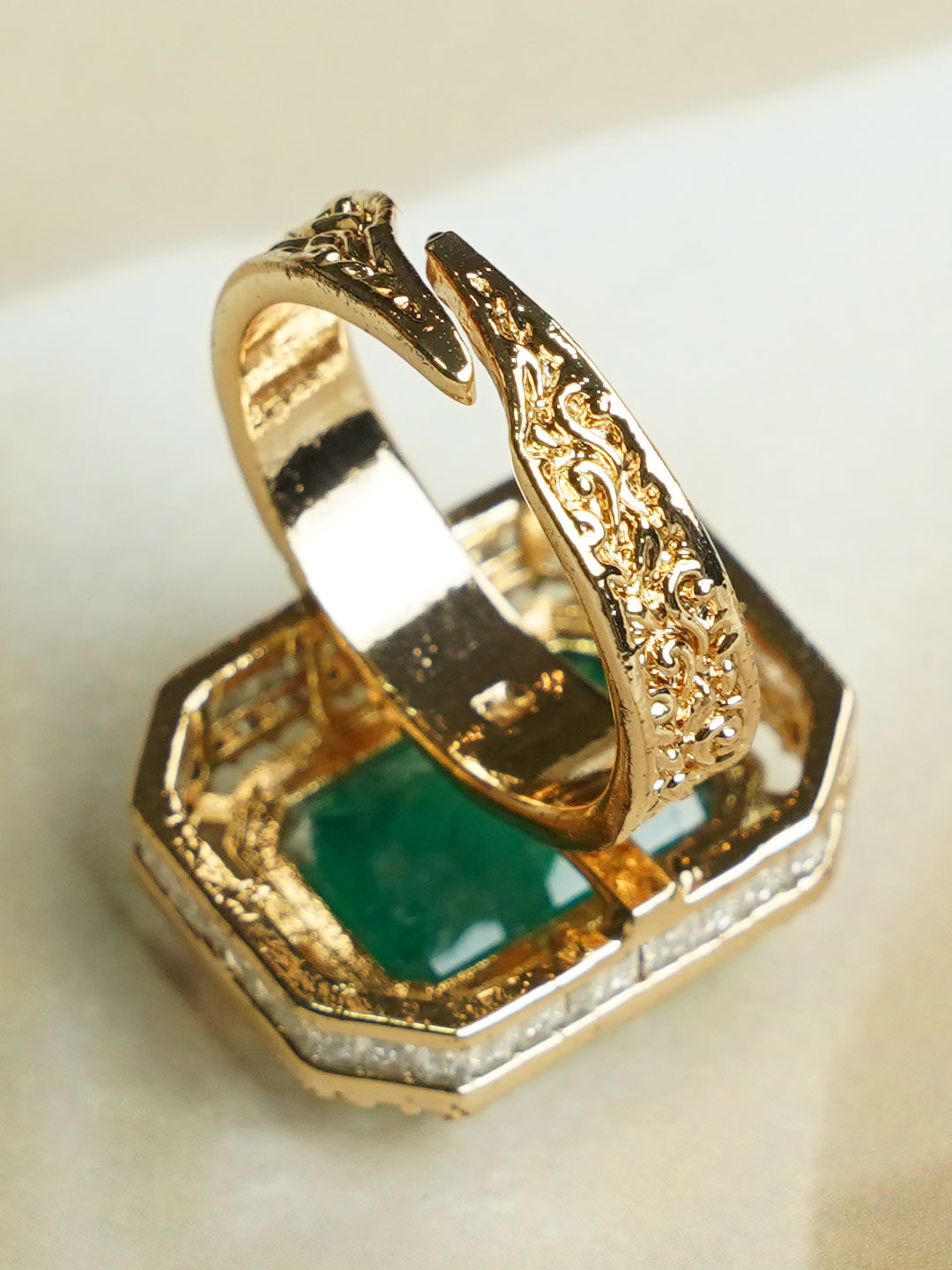 Zevar Club Gold-Toned Emerald Green & Cubic Zirconia Studded Royal Statement Adjustable Ring