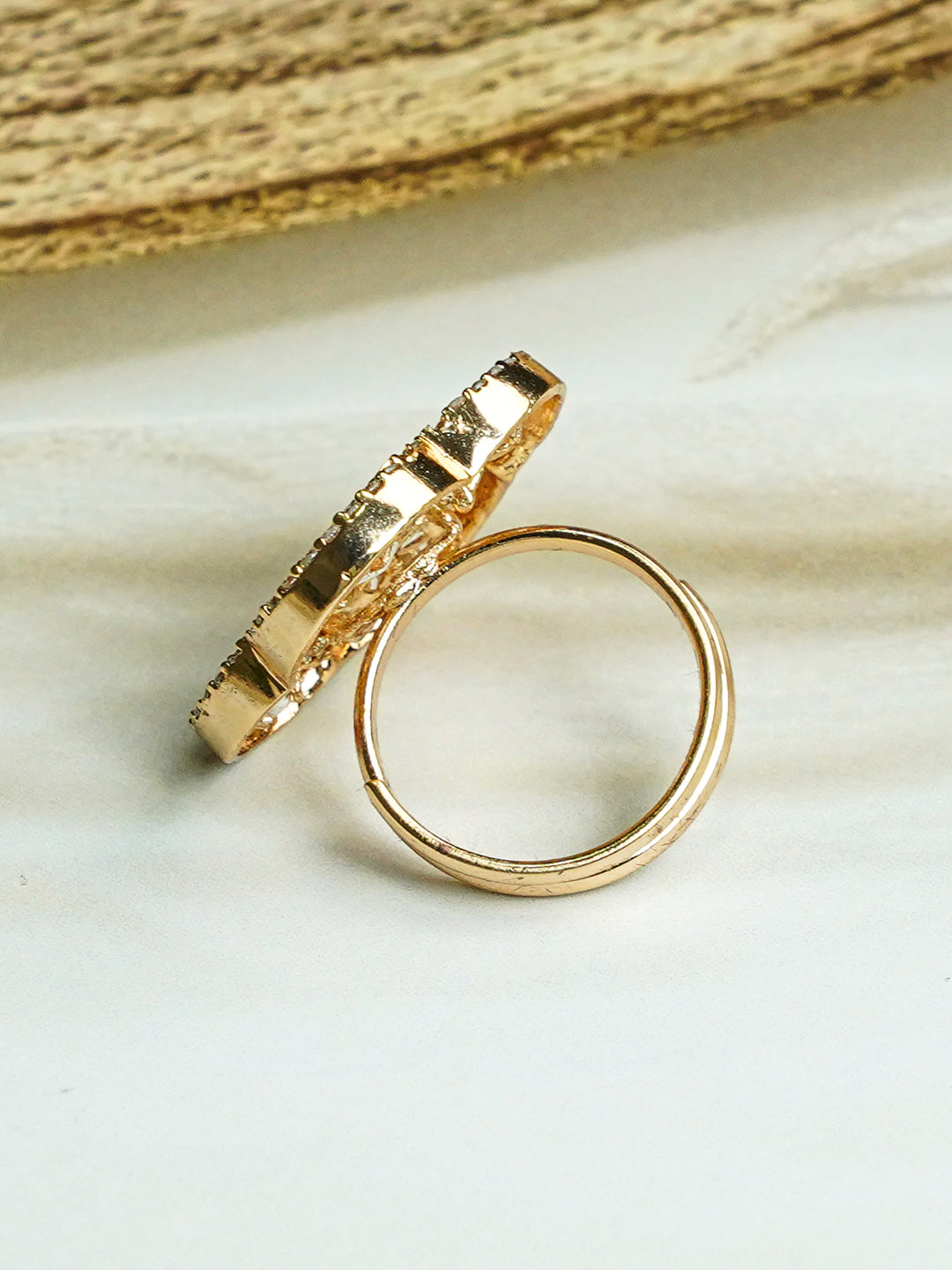 Zevar Club Gold-Toned White Kundan & Cubic Zirconia Studded Floral Adjustable Statement Ring