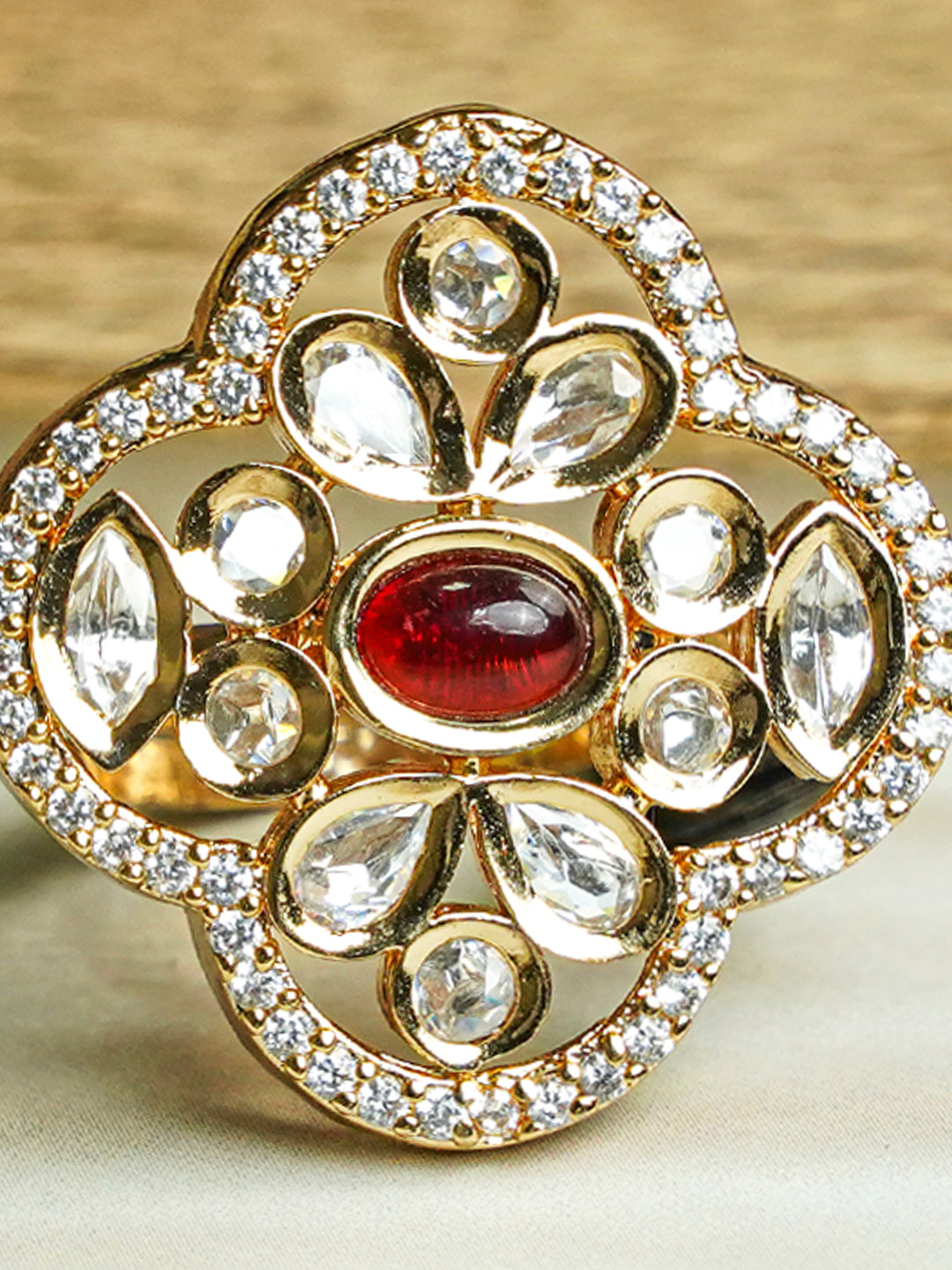 Zevar Club Gold-Toned White Kundan & Ruby Red Stone Studded Floral Adjustable Ring
