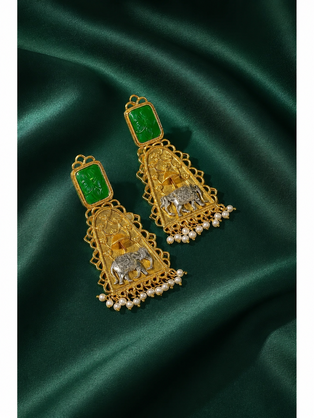 Zevar Club Oxidised Gold & Silver-Toned Elephant Motif Earring with Red Top & Pearls Drops