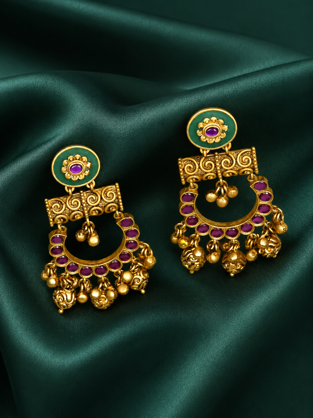 Zevar Club 22K Gold-Plated Green Enamelled and Ruby Stone Studded Temple Chandbali Earrings with Golden Beads
