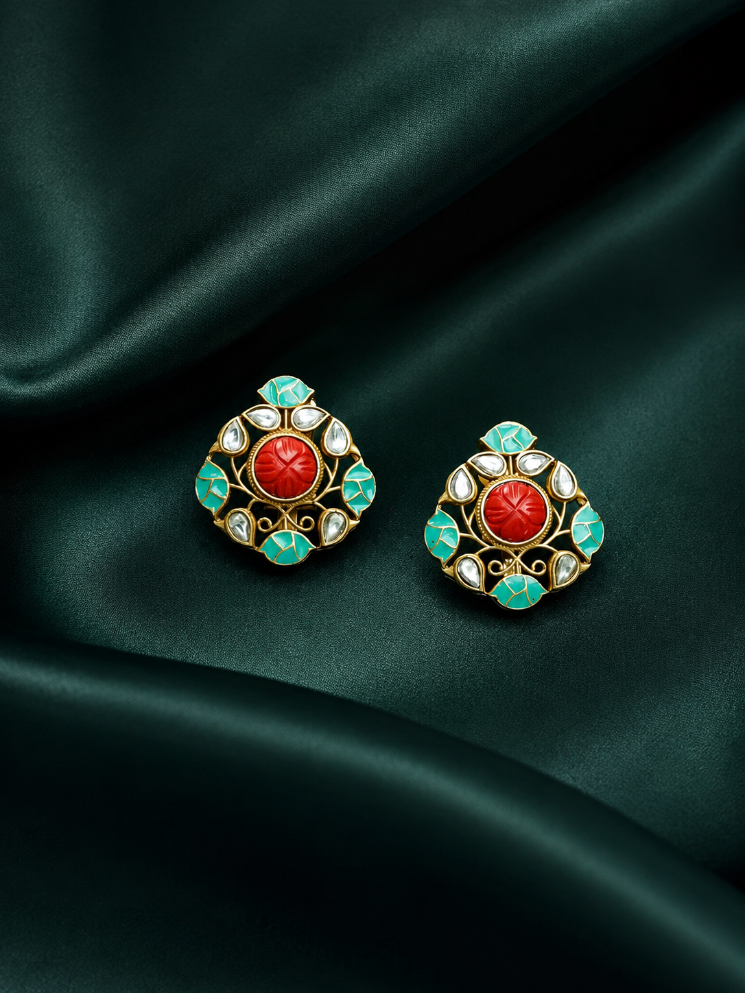 Turquoise Blue and Red Antique Gold Studs