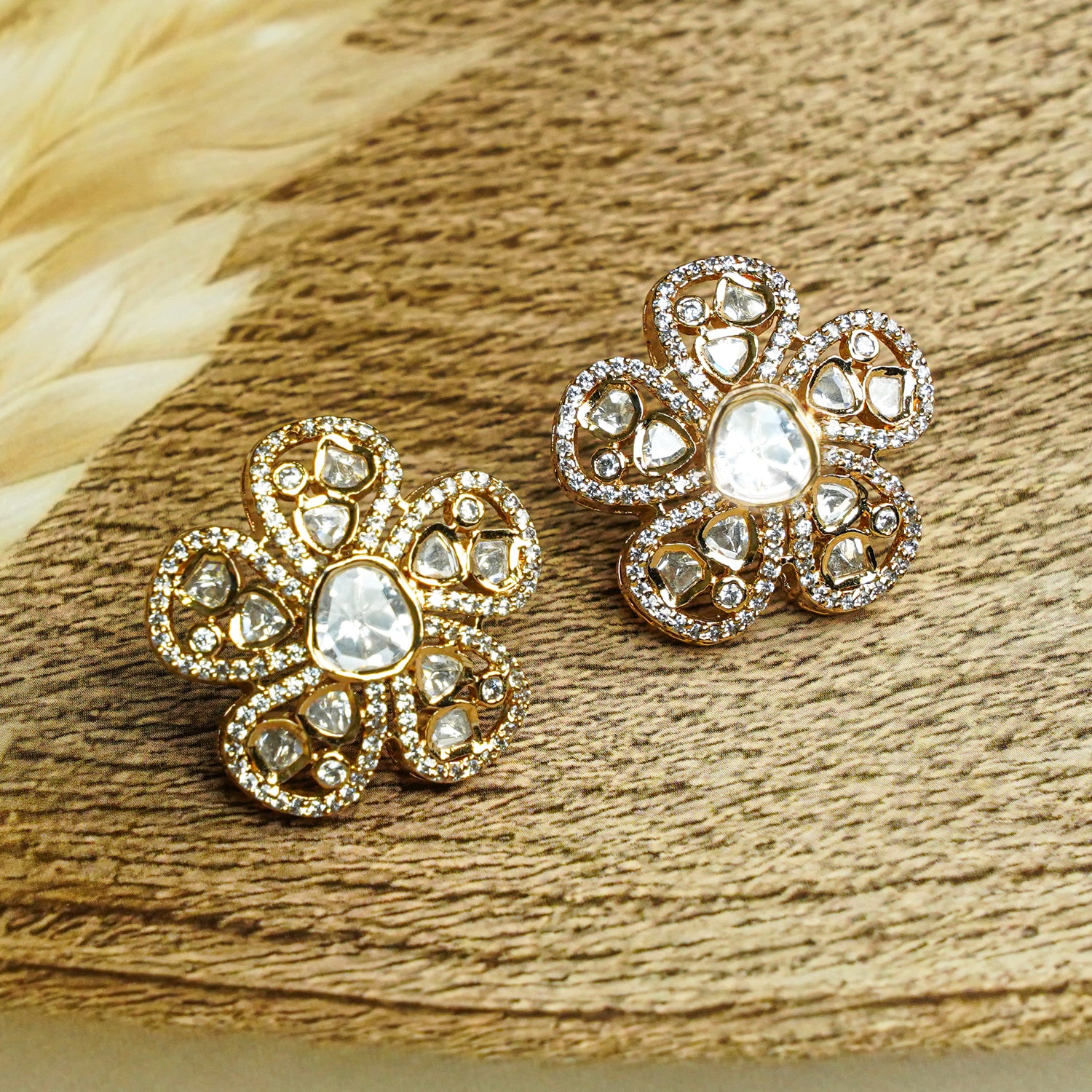 Zevar Club 12K Gold-Plated Flower Shaped Kundan Diamond Studs