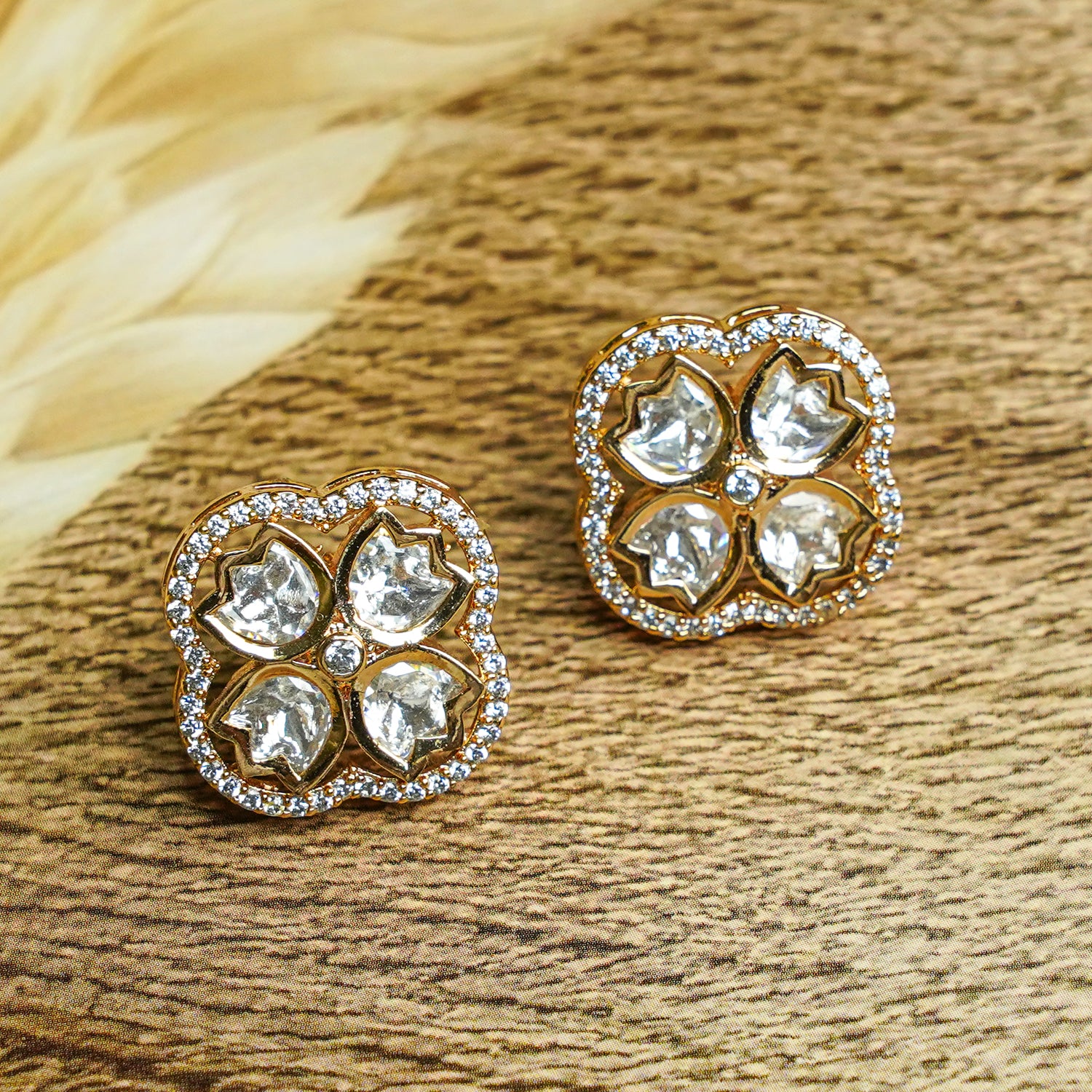 Zevar Club 12K Gold-Plated Lotus Kundan Diamond Studs