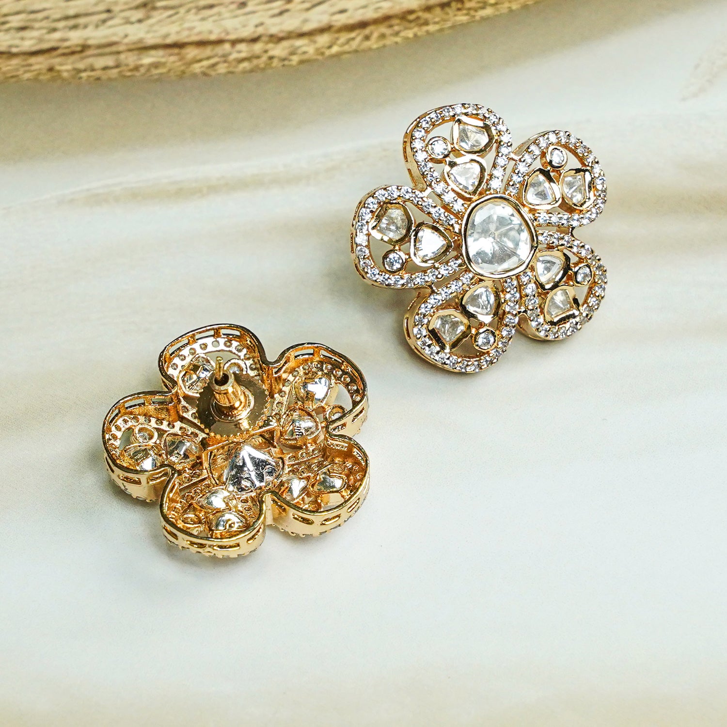 Zevar Club 12K Gold-Plated Flower Shaped Kundan Diamond Studs