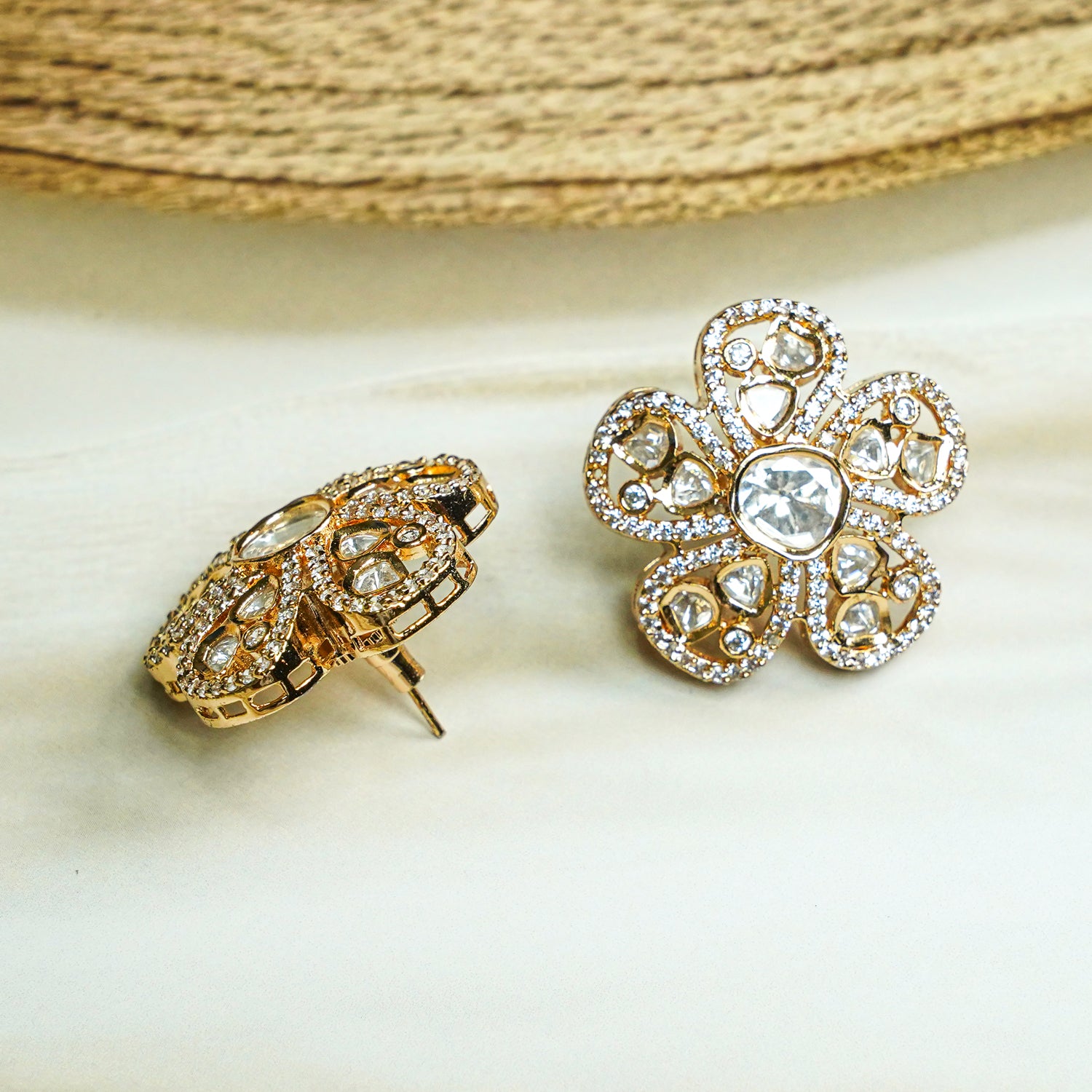Zevar Club 12K Gold-Plated Flower Shaped Kundan Diamond Studs