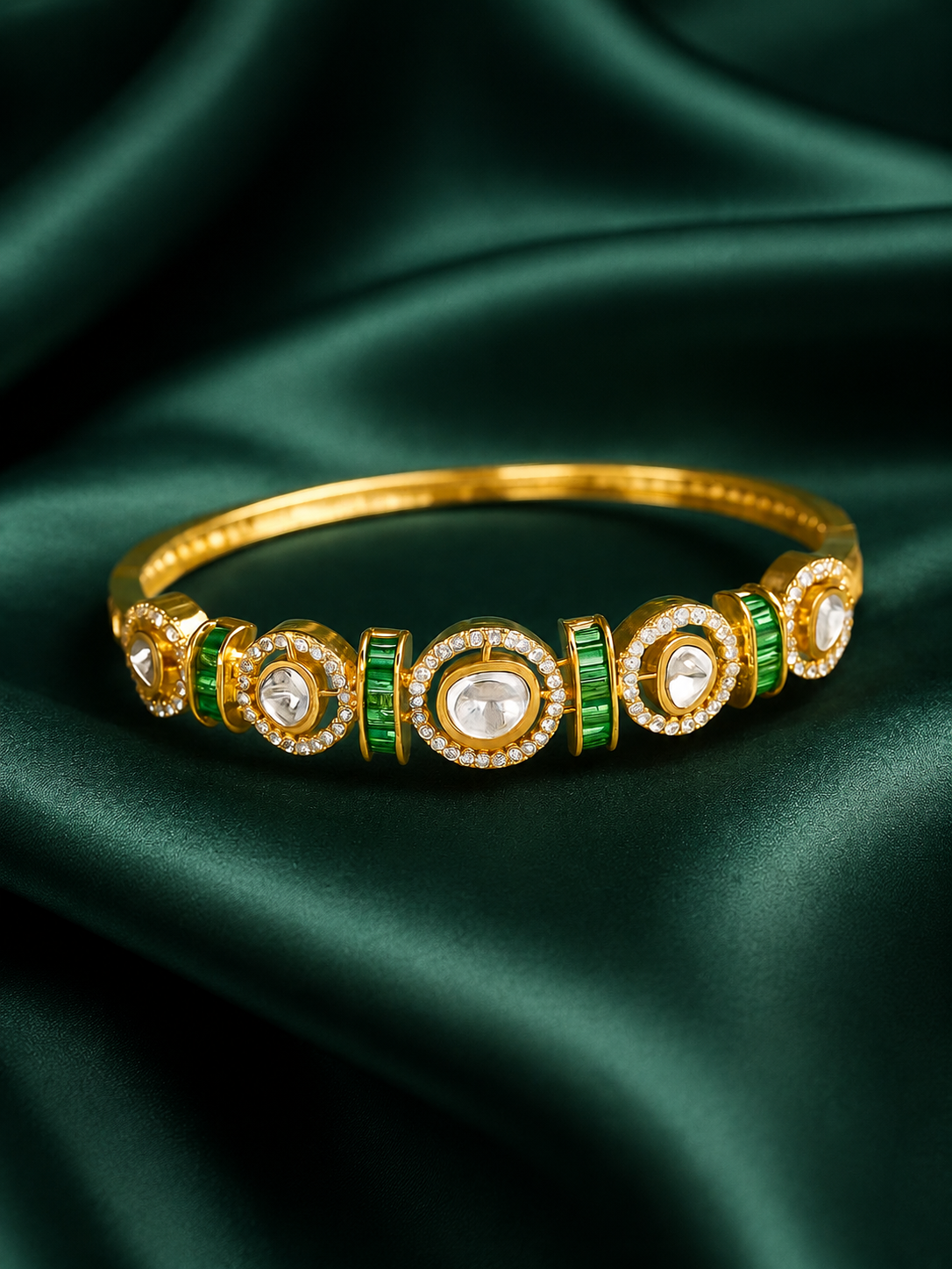 Zevar Club Gold-Toned White Kundan & Cubic Zirconia Studded Emerald Green Luxury Statement Bracelet