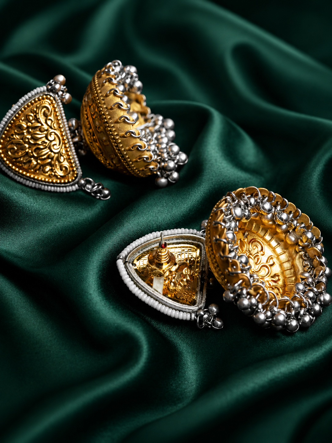 Zevar Club Oxidised Dual-Toned Gold & Silver Triangle Jhumka Earrings with Silver Ghungroo Beads