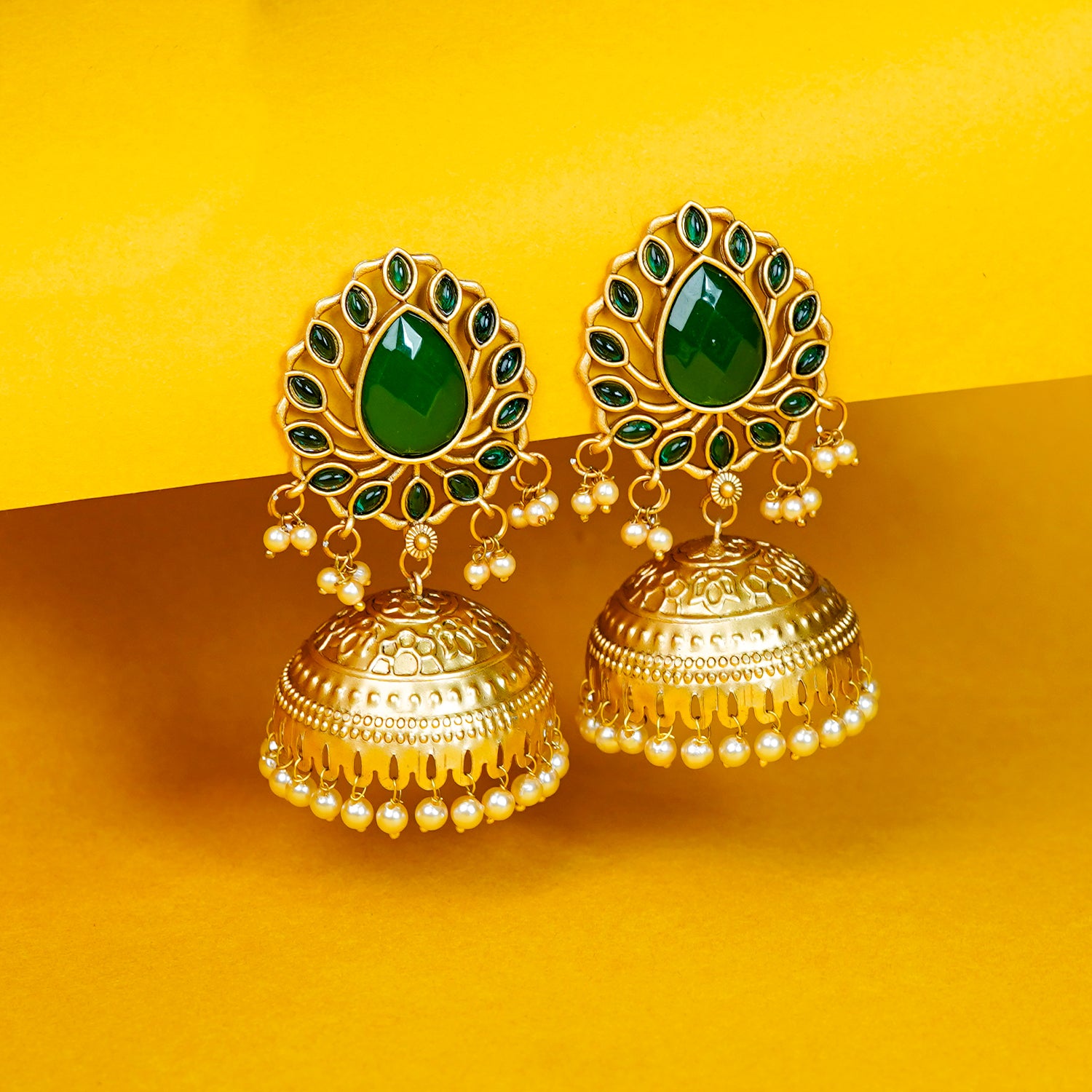 Zevar Club 22K Gold-Plated Ruby Green Stone Studded Jhumka Earrings with Pearl Drops