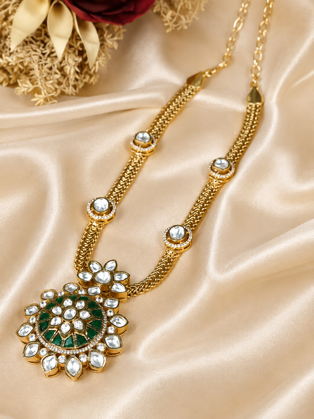 Zevar Club 24K Gold Plated White Kundan Studded Handcrafted Jewellery Set with Green Enamel Floral Pendant & Earrings for Women