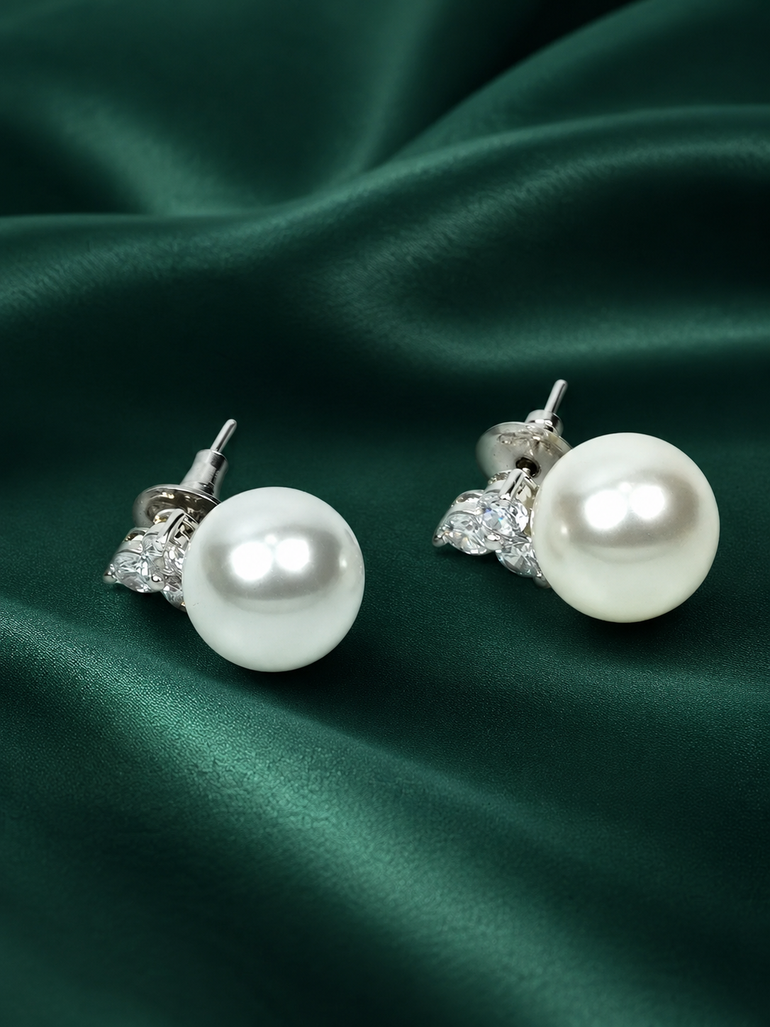 Zevar Club Rhodium-Plated Handcrafted Cubic Zirconia & White Pearl Stud Earrings