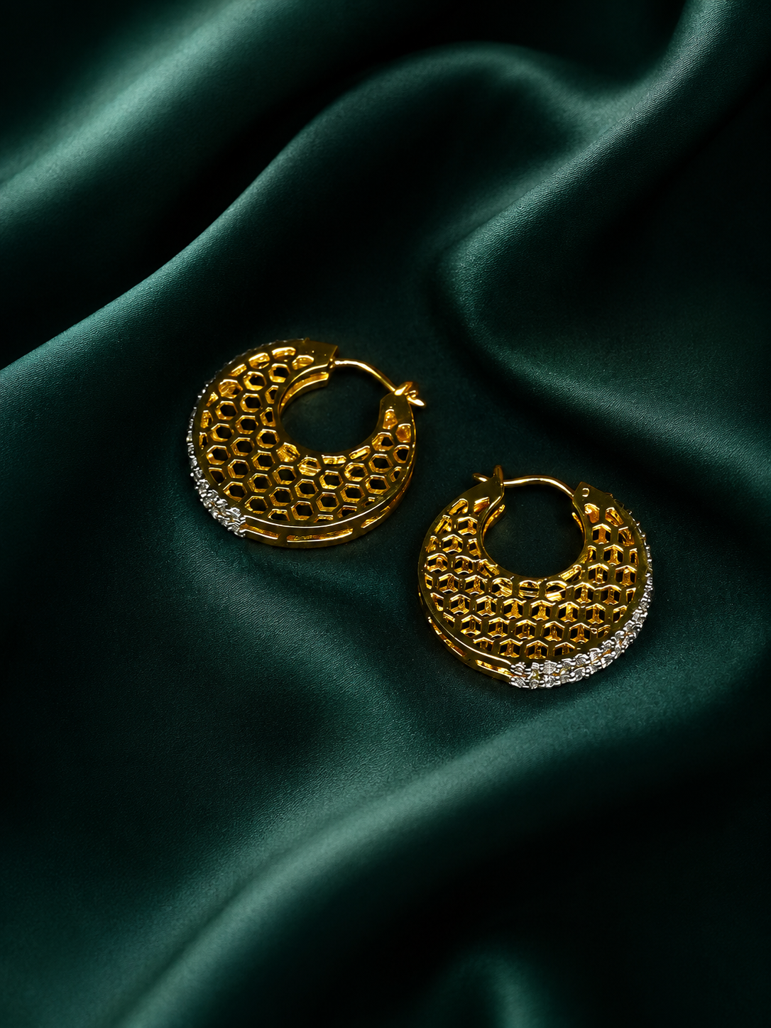 Zevar Club 22K Gold-Plated Marquise Cubic Zirconia Studded Demi-Fine Textured Hoop Earrings
