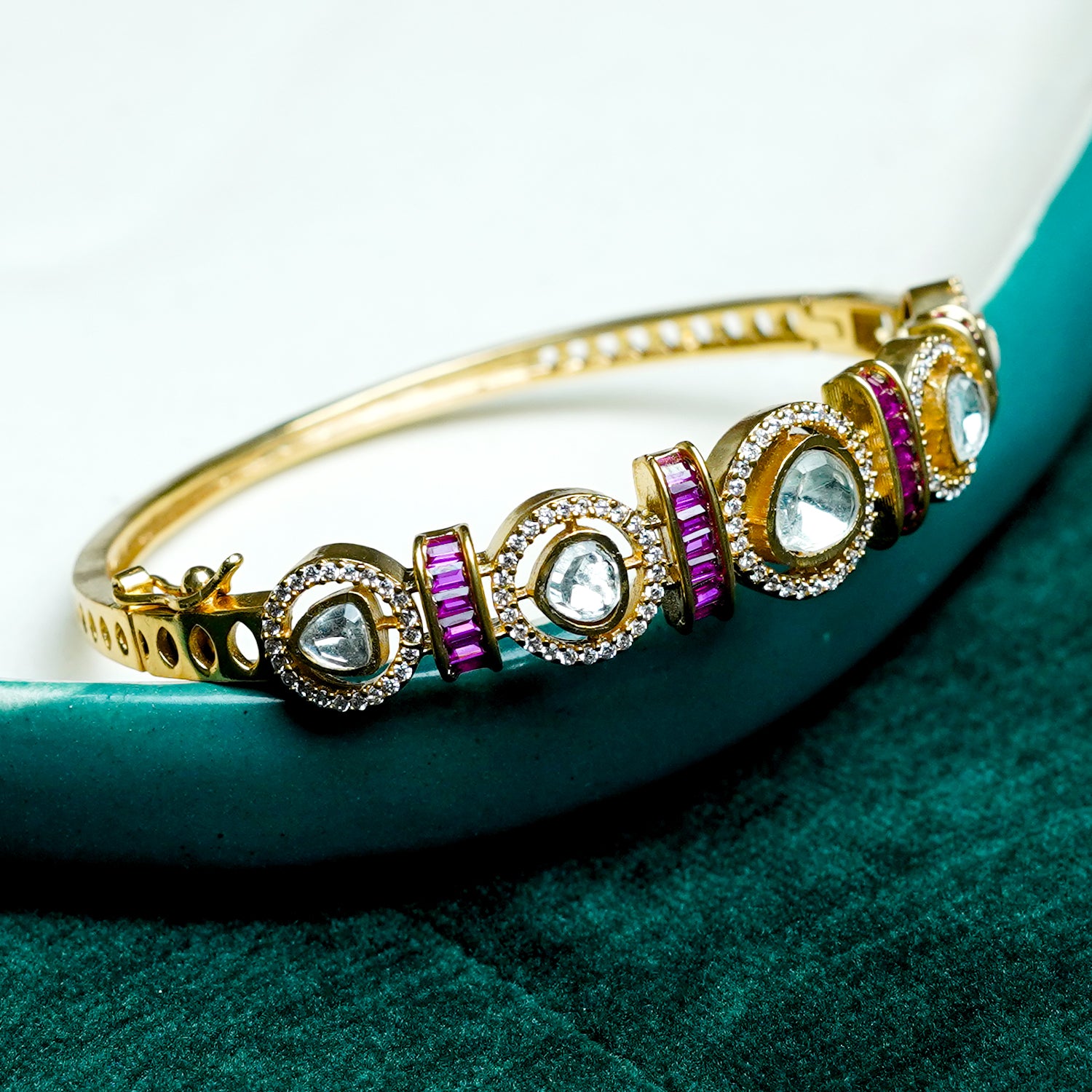 Zevar Club Gold-Toned White Kundan & Cubic Zirconia Studded Emerald Green Luxury Statement Bracelet