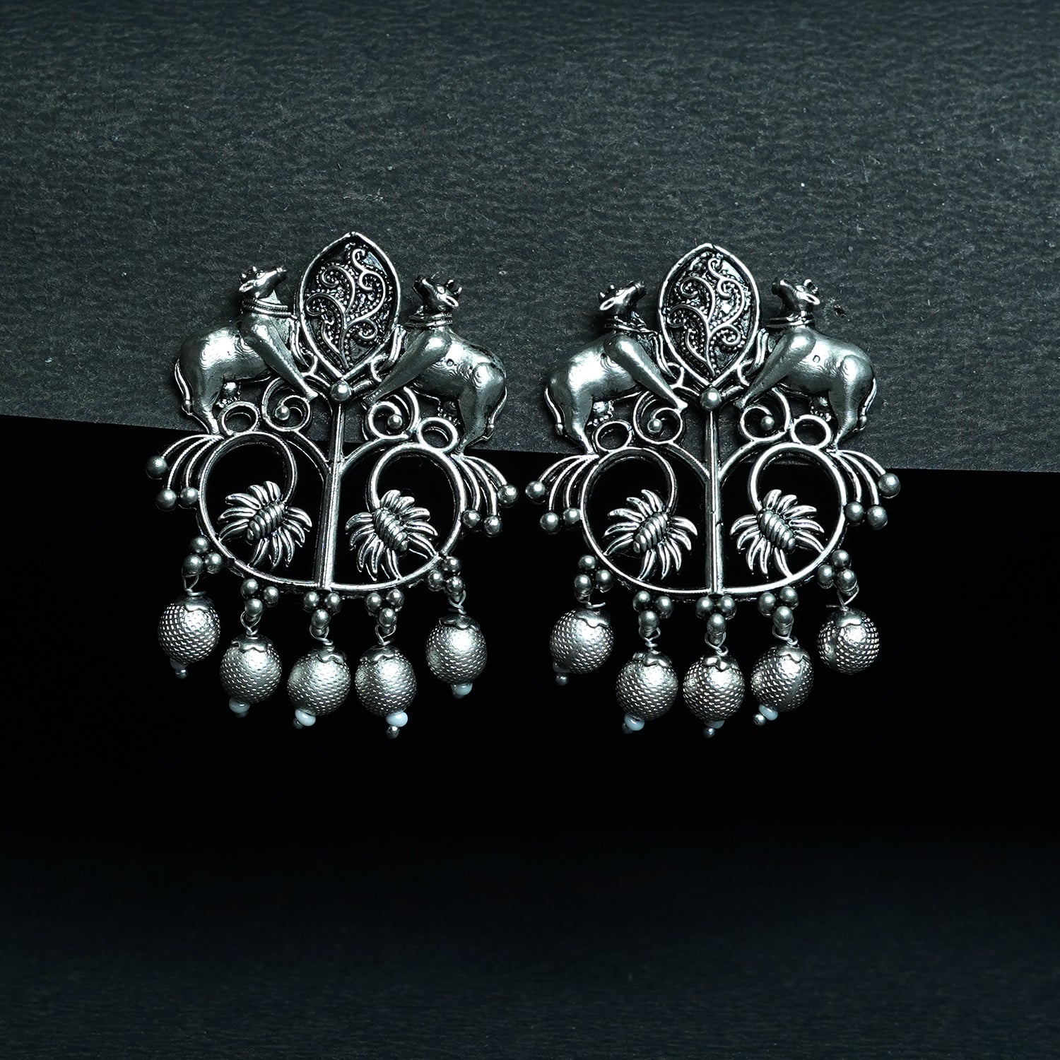 Zevar Club Oxidised Silver-Tone Cow Motif Dangler Earrings with Beads – Antique Statement Jewelry