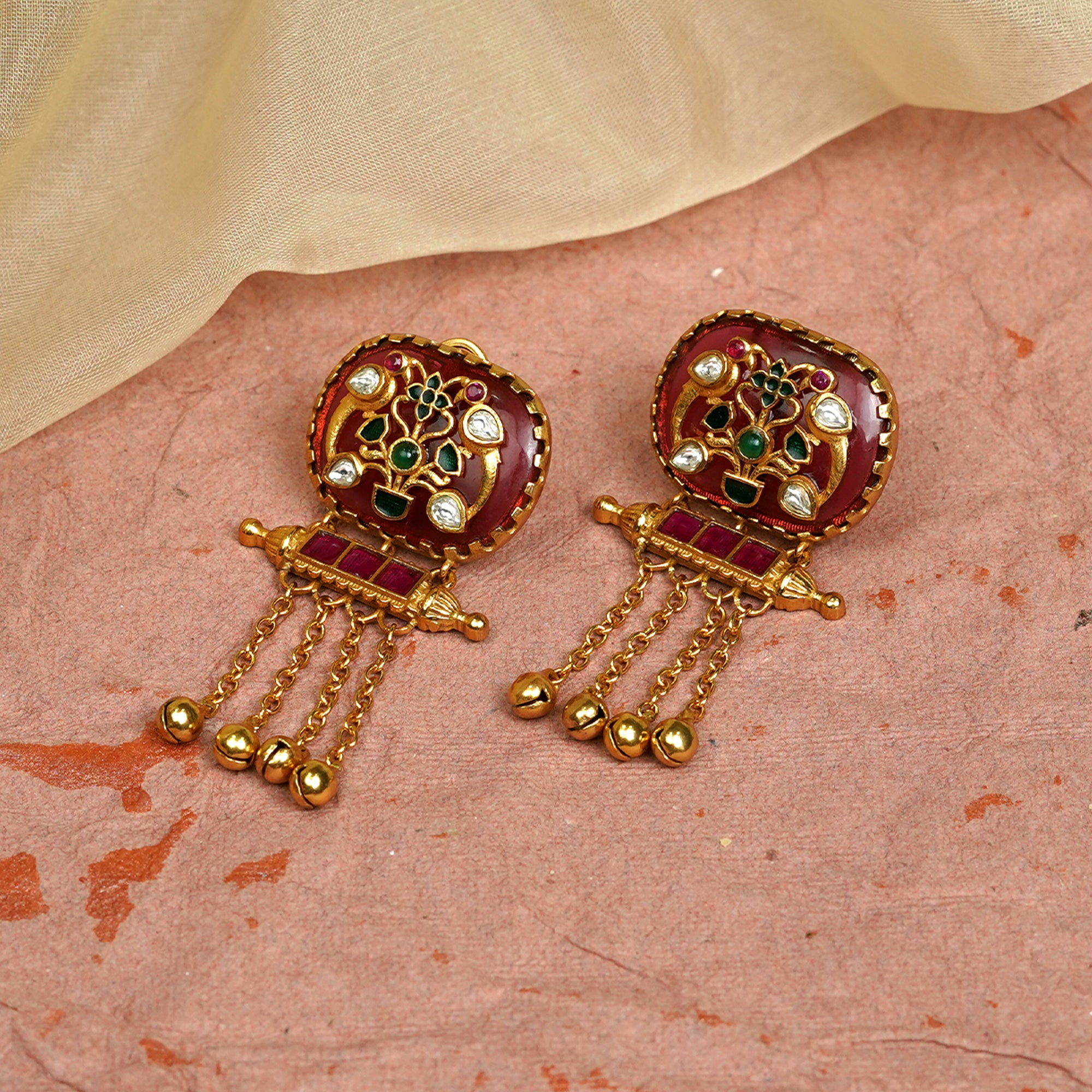 Zevar Club 22K Gold-Plated Handcrafted White Enamelled Dome Earrings with White & Red Kundan and Multi-Layered Golden Chain Drops