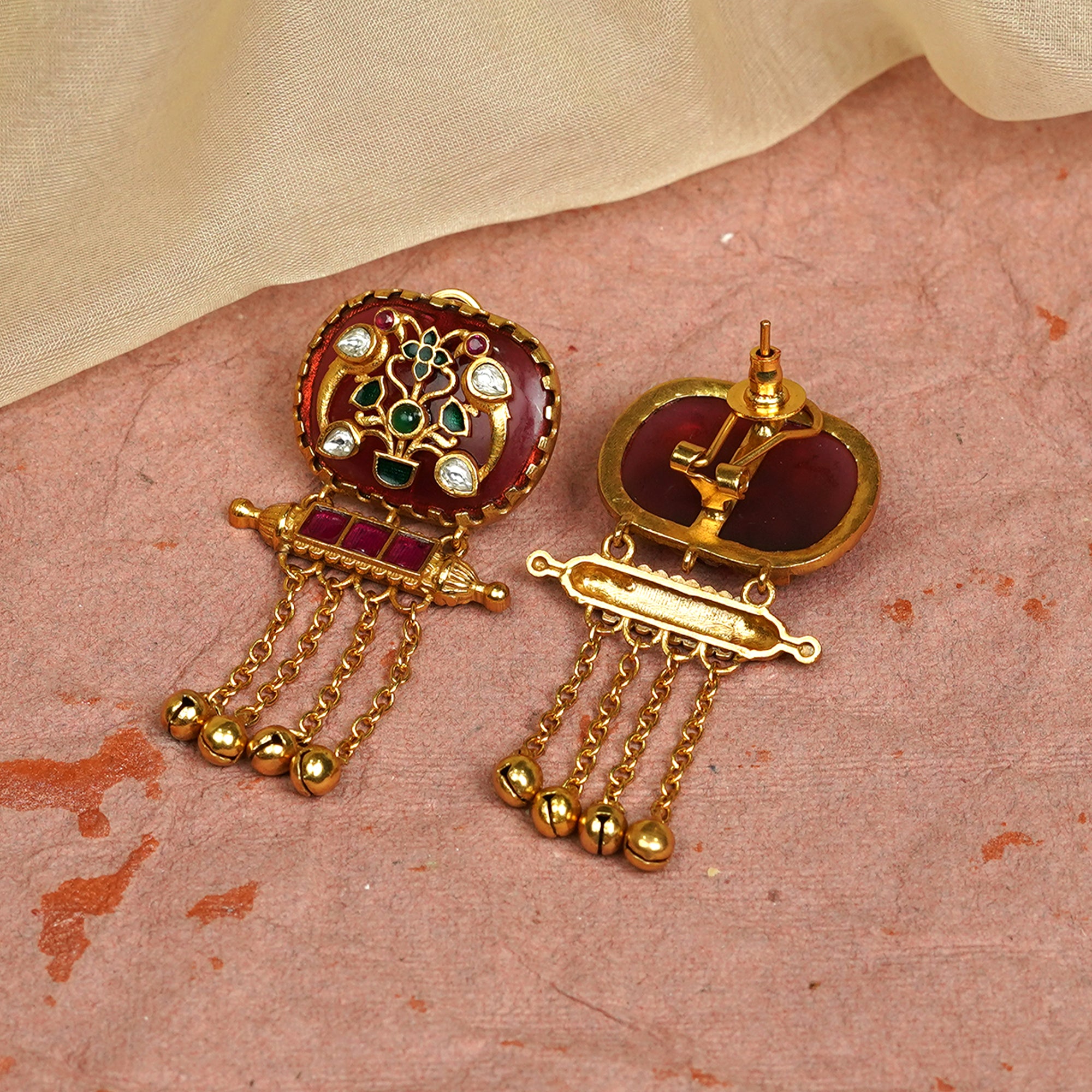 Zevar Club 22K Gold-Plated Handcrafted White Enamelled Dome Earrings with White & Red Kundan and Multi-Layered Golden Chain Drops