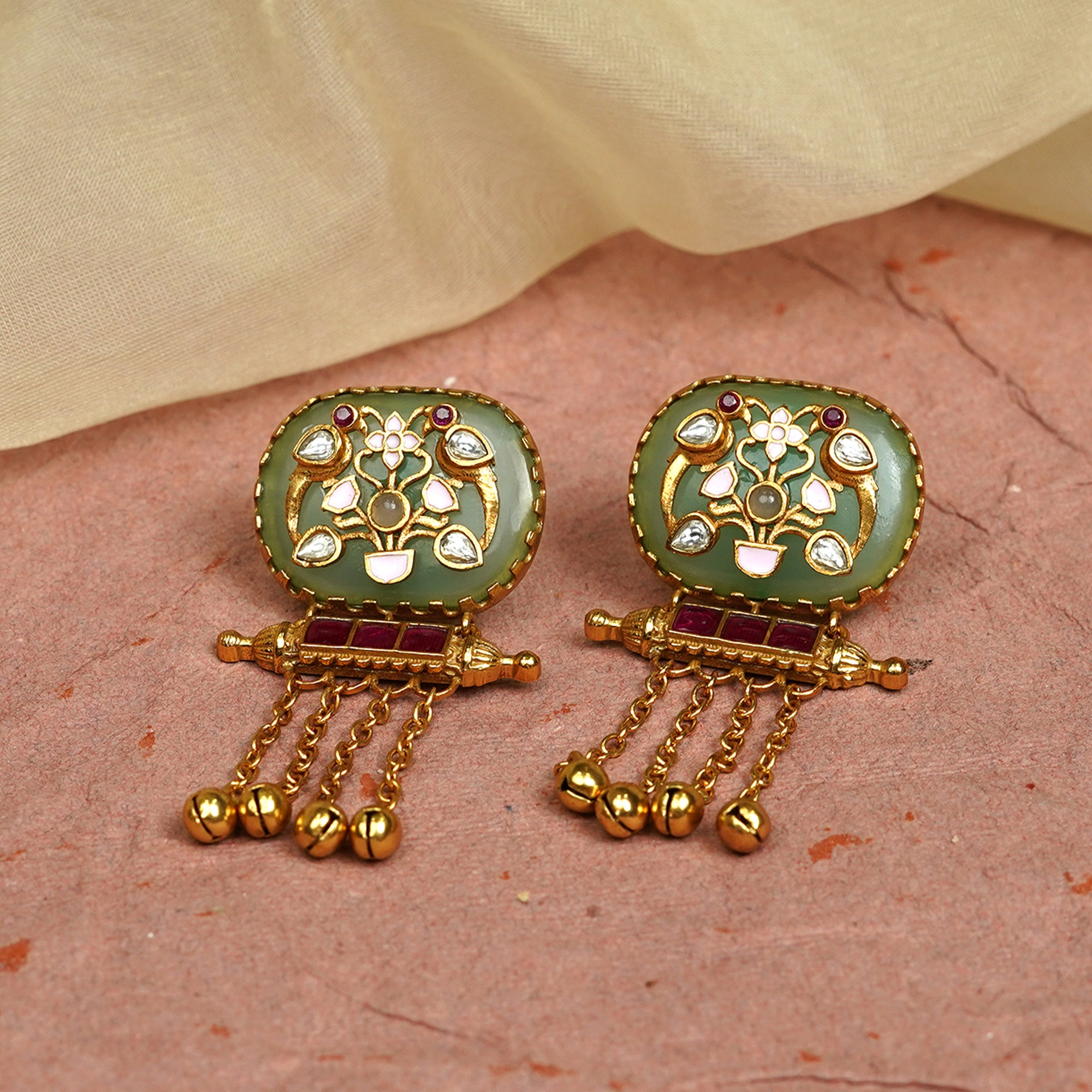 Zevar Club 22K Gold-Plated Handcrafted White Enamelled Dome Earrings with White & Red Kundan and Multi-Layered Golden Chain Drops