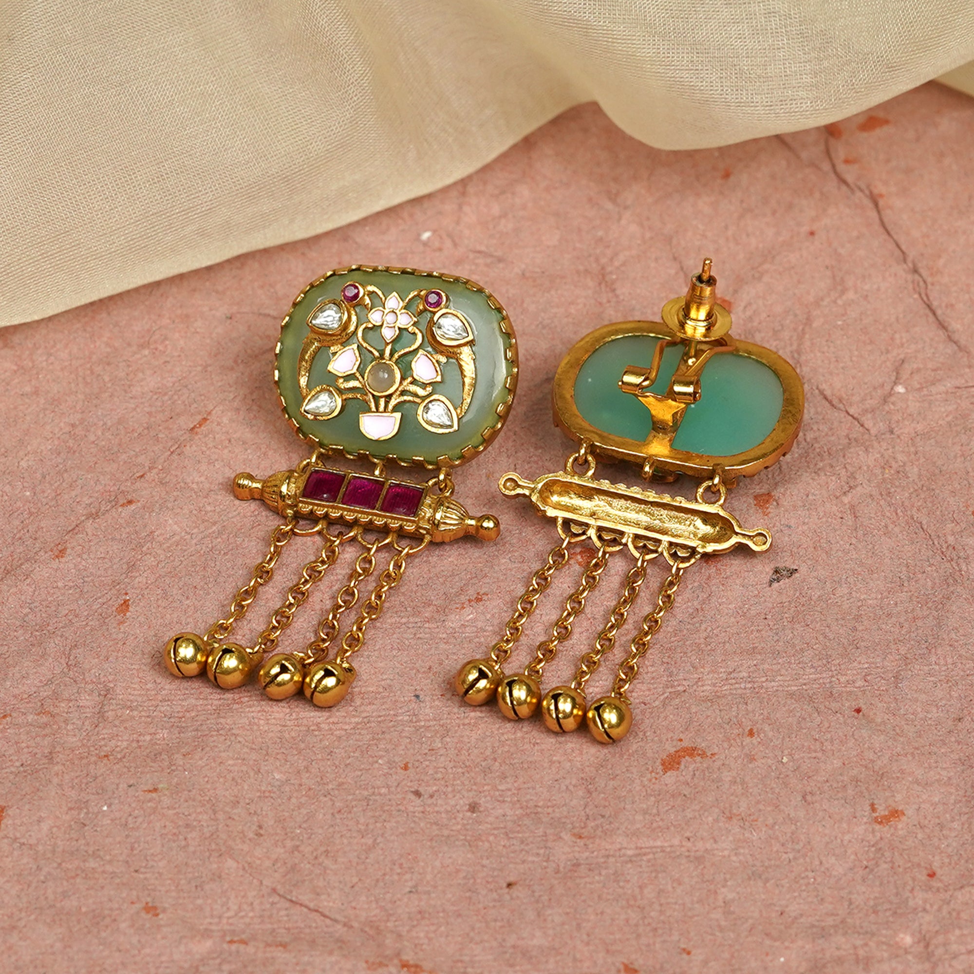 Zevar Club 22K Gold-Plated Handcrafted White Enamelled Dome Earrings with White & Red Kundan and Multi-Layered Golden Chain Drops