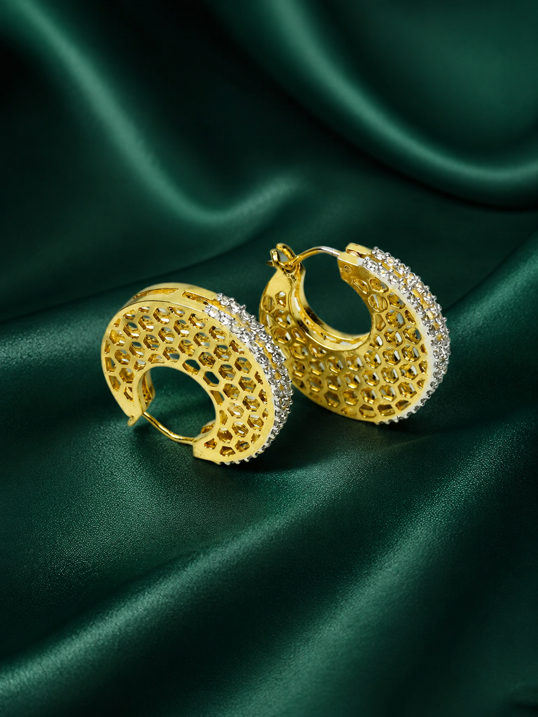 Zevar Club 22K Gold-Plated Marquise Cubic Zirconia Studded Demi-Fine Textured Hoop Earrings