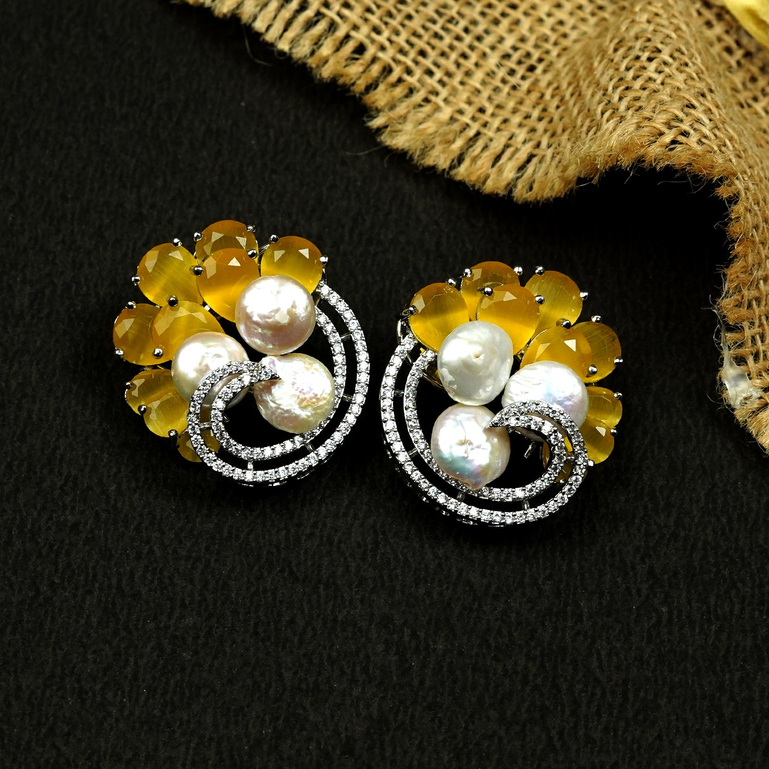 Zevar Club Rhodium-Plated Handcrafted Glossy Baroque Pearl & Yellow Crystal Cubic Zirconia Stud Earrings