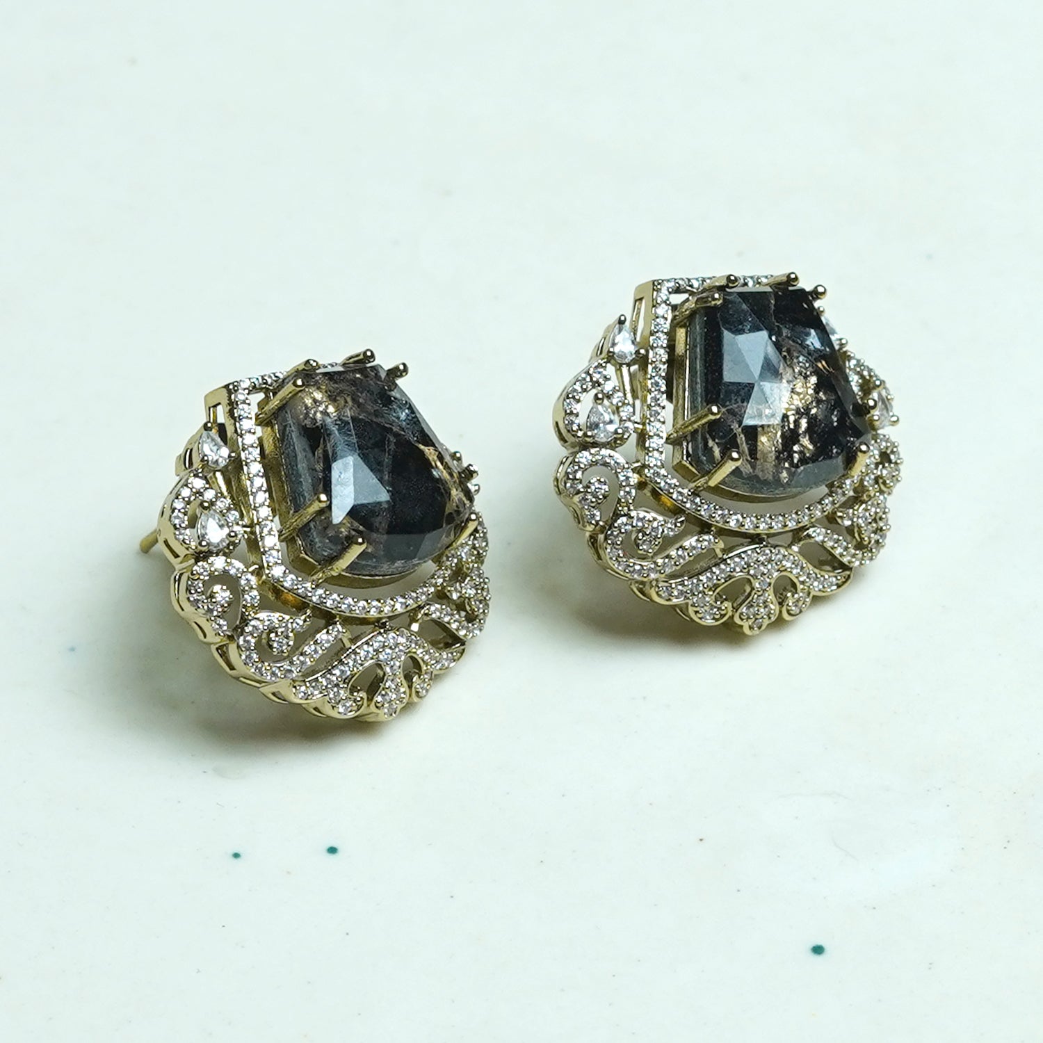 Zevar Club 12K Rhodium Plated Emerald Uncut Victorian Studs Earrings