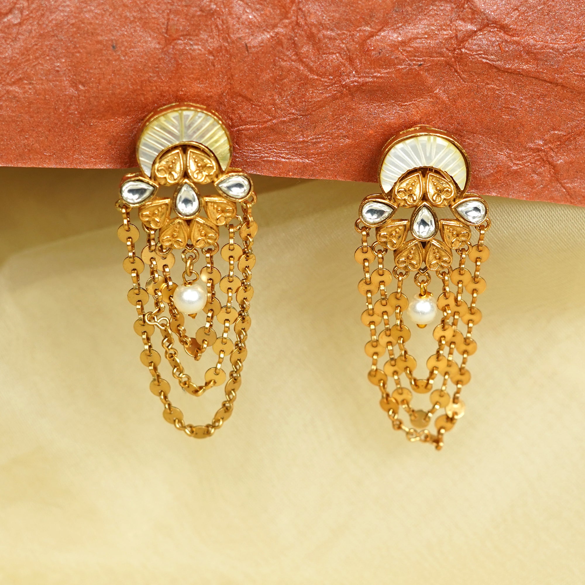 Zevar Club 22K Gold-Plated Handcrafted Off-White Enamelled Kundan Earrings with Pearl & Multi-Layered Gold-Toned Chains