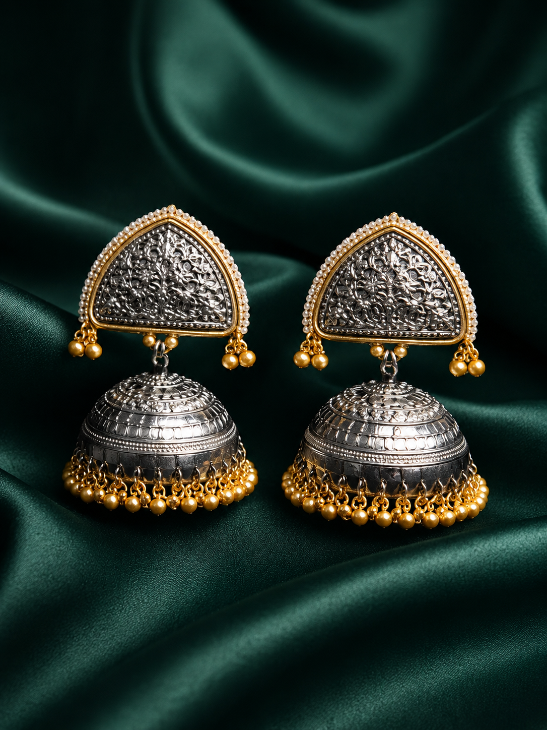 Zevar Club Oxidised Dual-Toned Silver & Gold Jhumka Earrings with Golden Ghungroo Beads