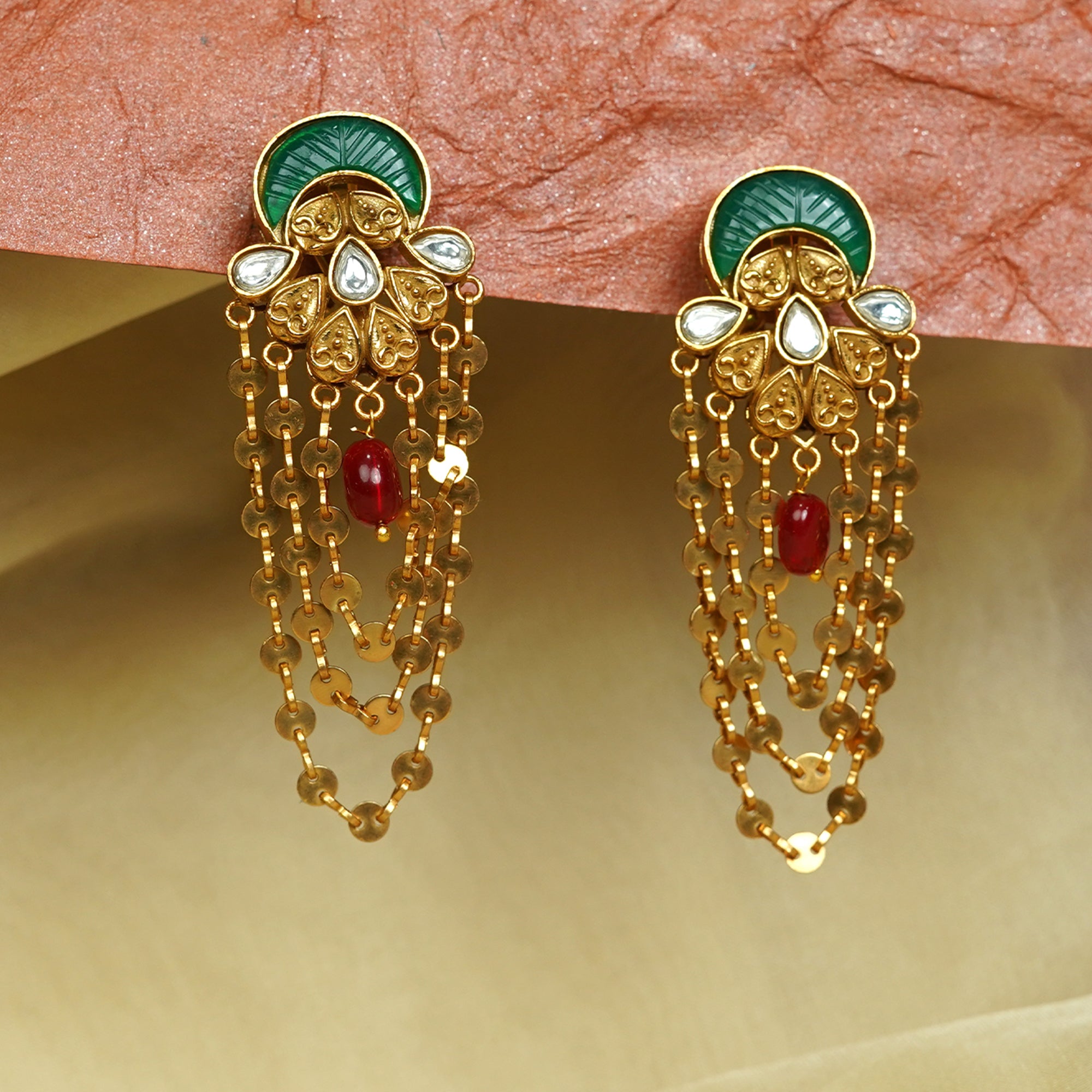 Zevar Club 22K Gold-Plated Handcrafted Red Enamelled Kundan Earrings with Green Beads & Multi-Layered Gold-Toned Chains