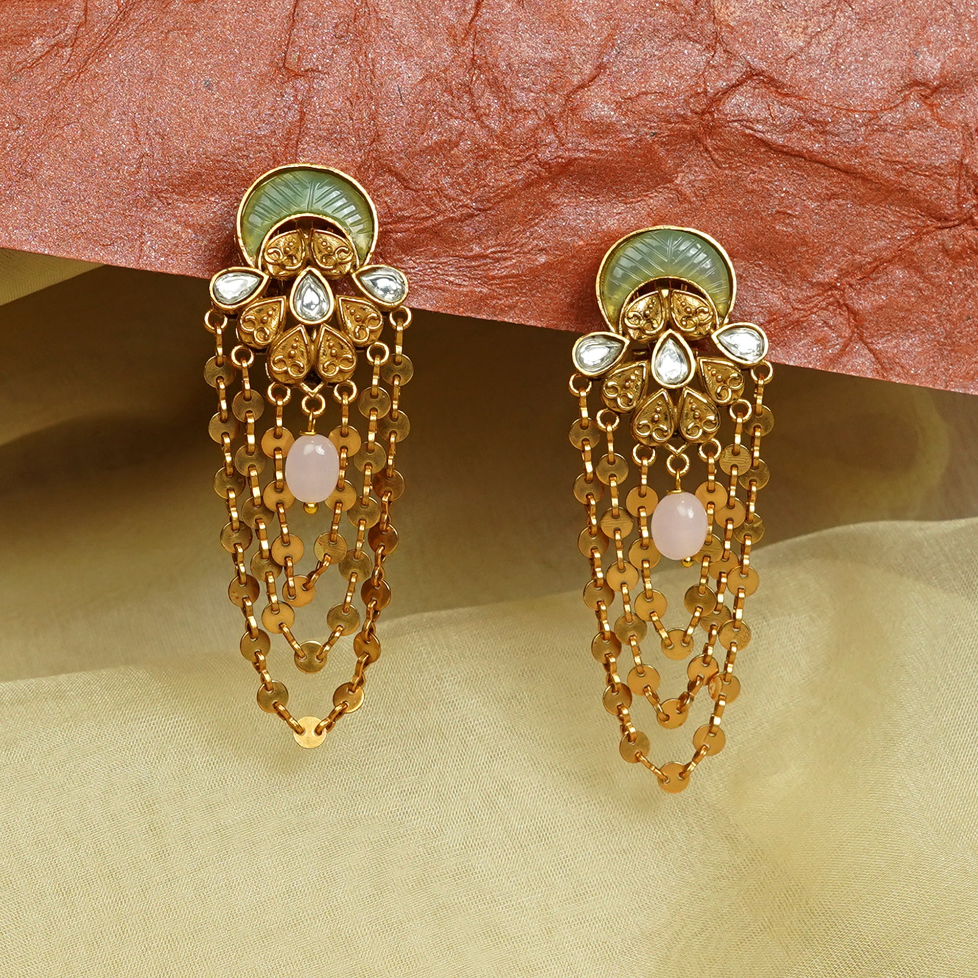 Zevar Club 22K Gold-Plated Handcrafted Green Enamelled Kundan Earrings with Red Beads & Multi-Layered Gold-Toned Chains