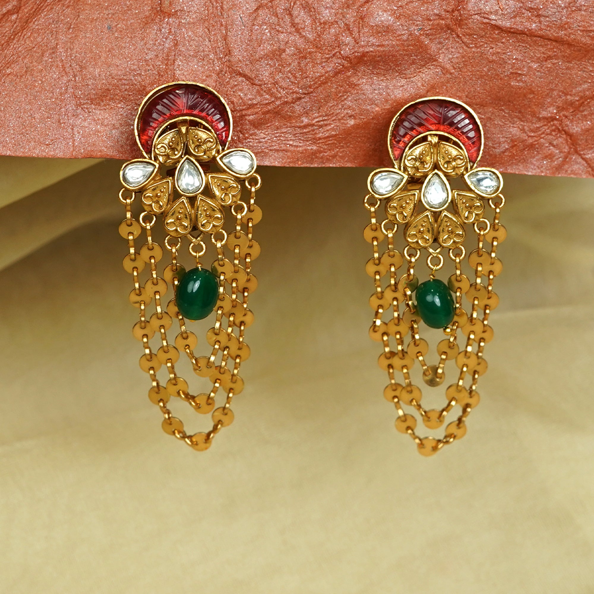 Zevar Club 22K Gold-Plated Handcrafted Off-White Enamelled Kundan Earrings with Pearl & Multi-Layered Gold-Toned Chains