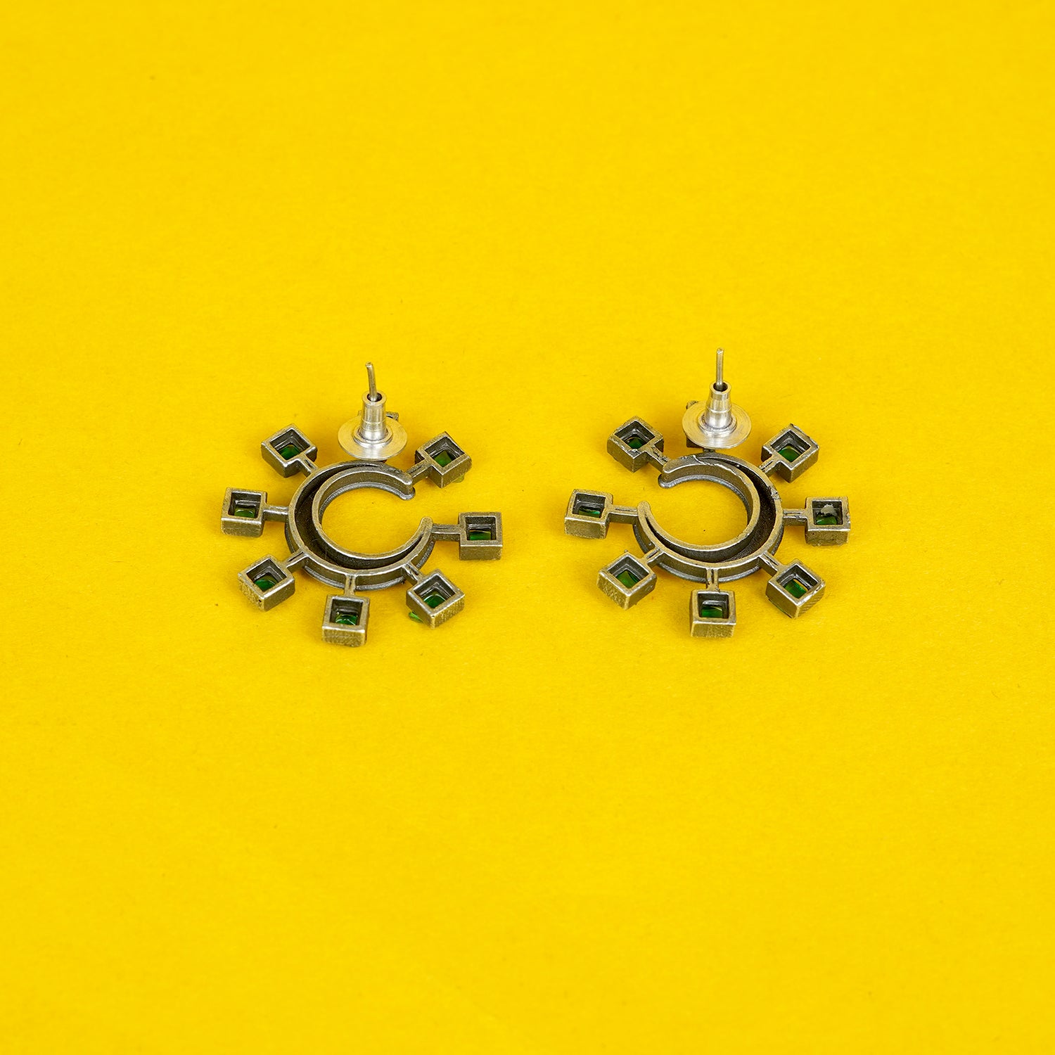 Zevar Club Oxidised Silver-Plated Emerald Green AD Studded Half-Hoop Earrings