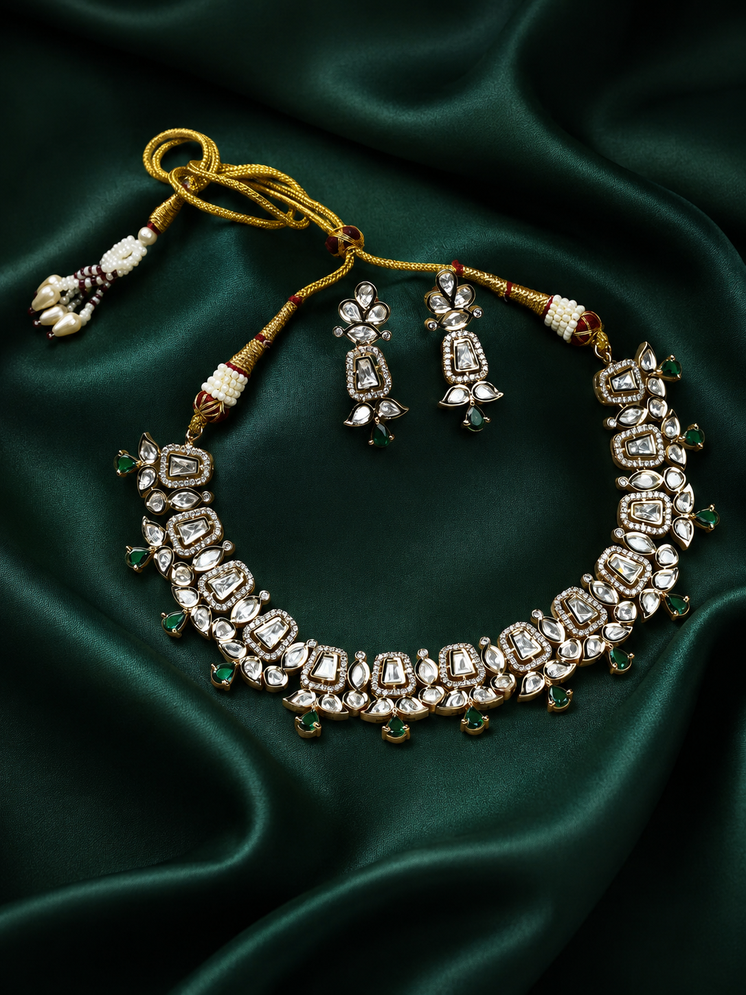 Zevar Club 22K Gold-Plated White Kundan & Emerald Green Studded Cubic Zirconia Accents Bridal Statement Necklace Set