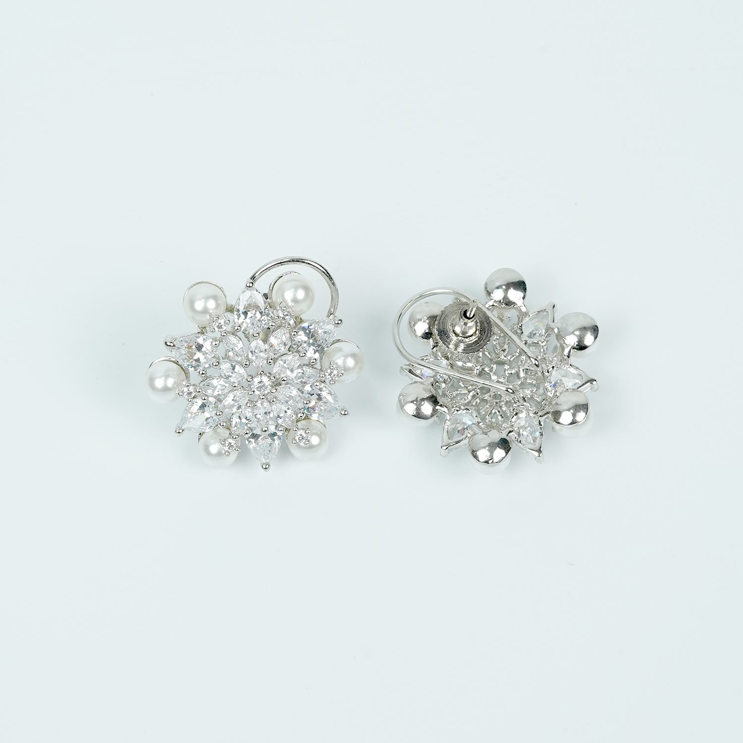 Zevar Club Rhodium-Plated Handcrafted Floral Cubic Zirconia & Pearl Stud Earrings