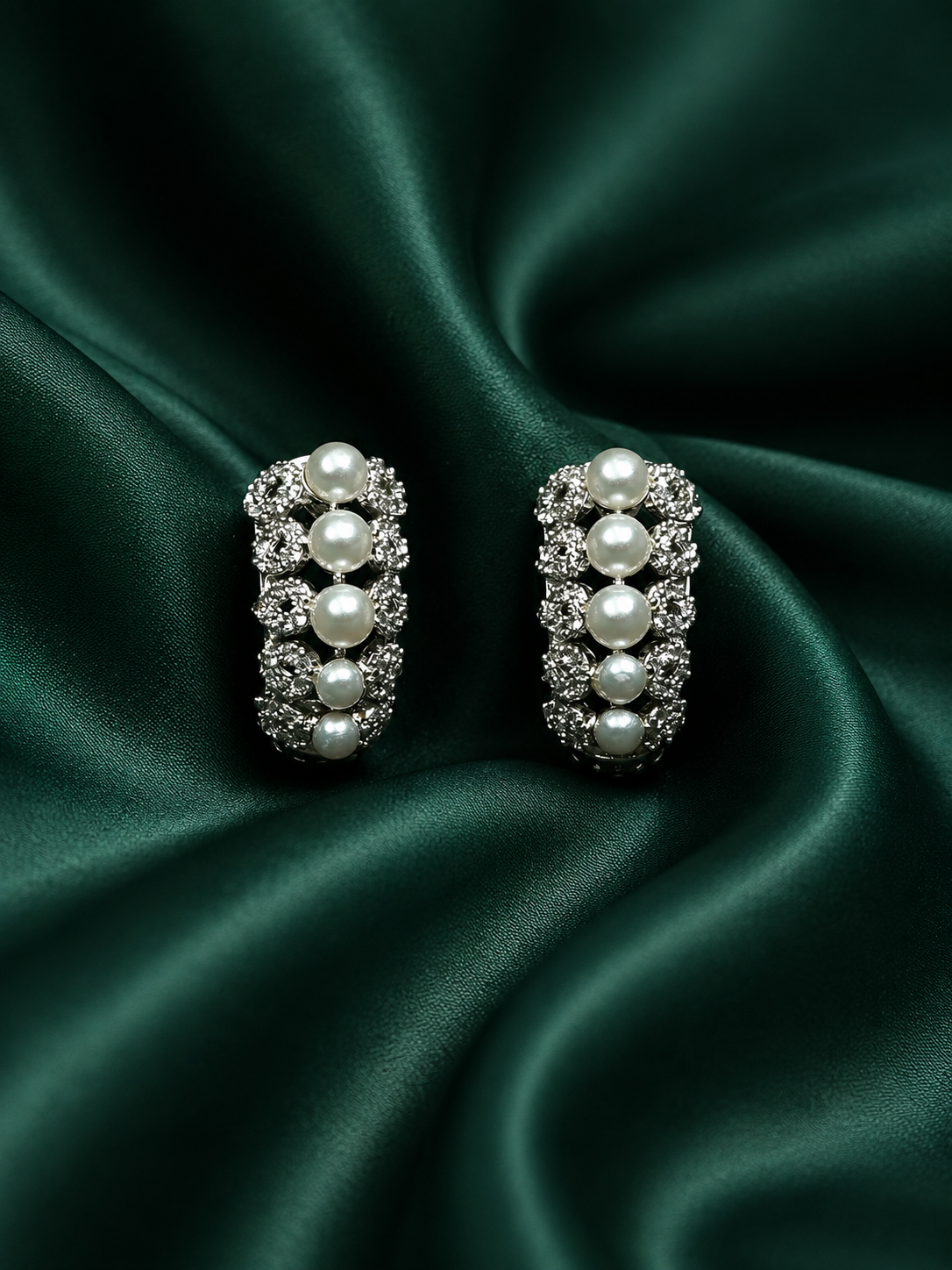 Zevar Club Rhodium-Plated Handcrafted Cubic Zirconia & Pearl Studded Huggie Hoop Earrings