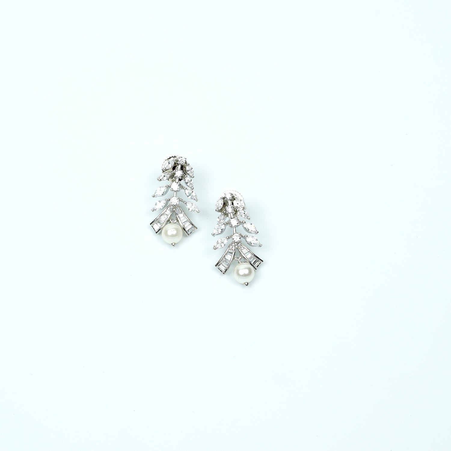 Zevar Club Rhodium-Plated Handcrafted Cubic Zirconia & Pearl Drop Earrings with Leaf Design