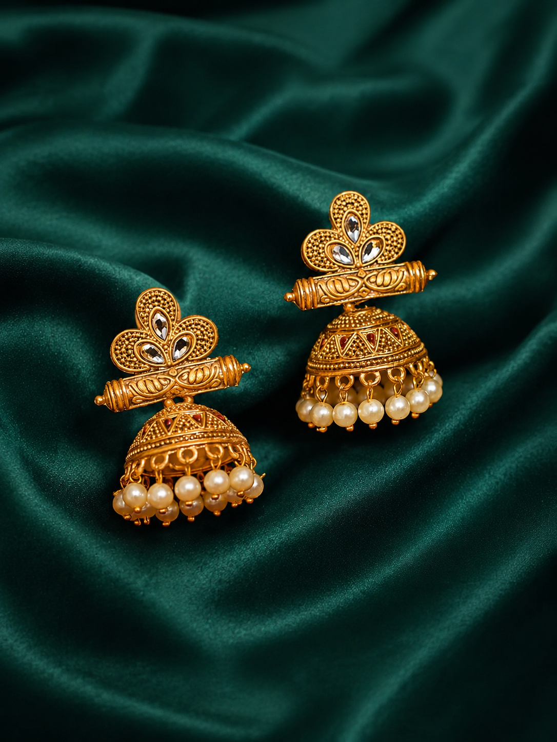 Zevar Club 18K Gold-Plated Red Stone Studded Dome Jhumka Earrings with Pearl Danglers