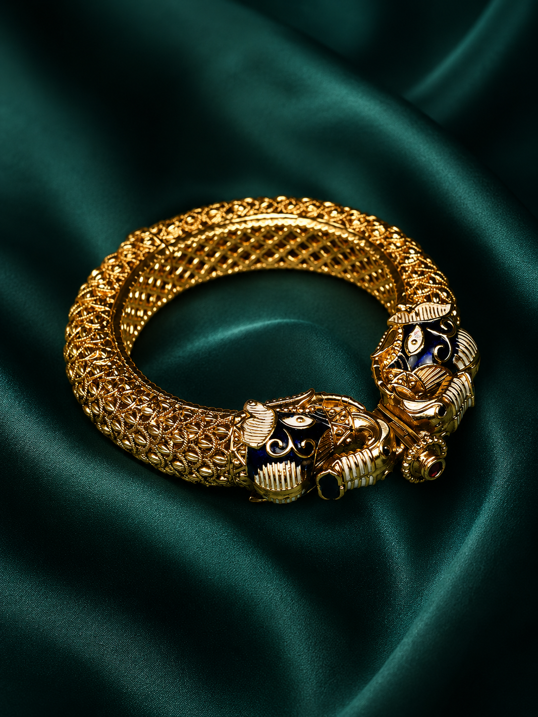 Zevar Club 18K Gold Plated Handcrafted Rajwadi Kada Bracelet with Blue Enamel Elephant Motif for Women