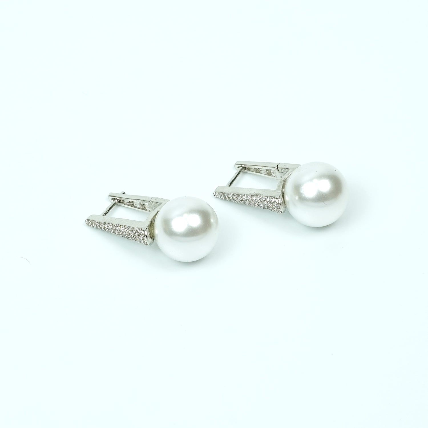 Zevar Club Rhodium-Plated Handcrafted Pointed Cubic Zirconia Top & Glossy Pearl Drop Earrings
