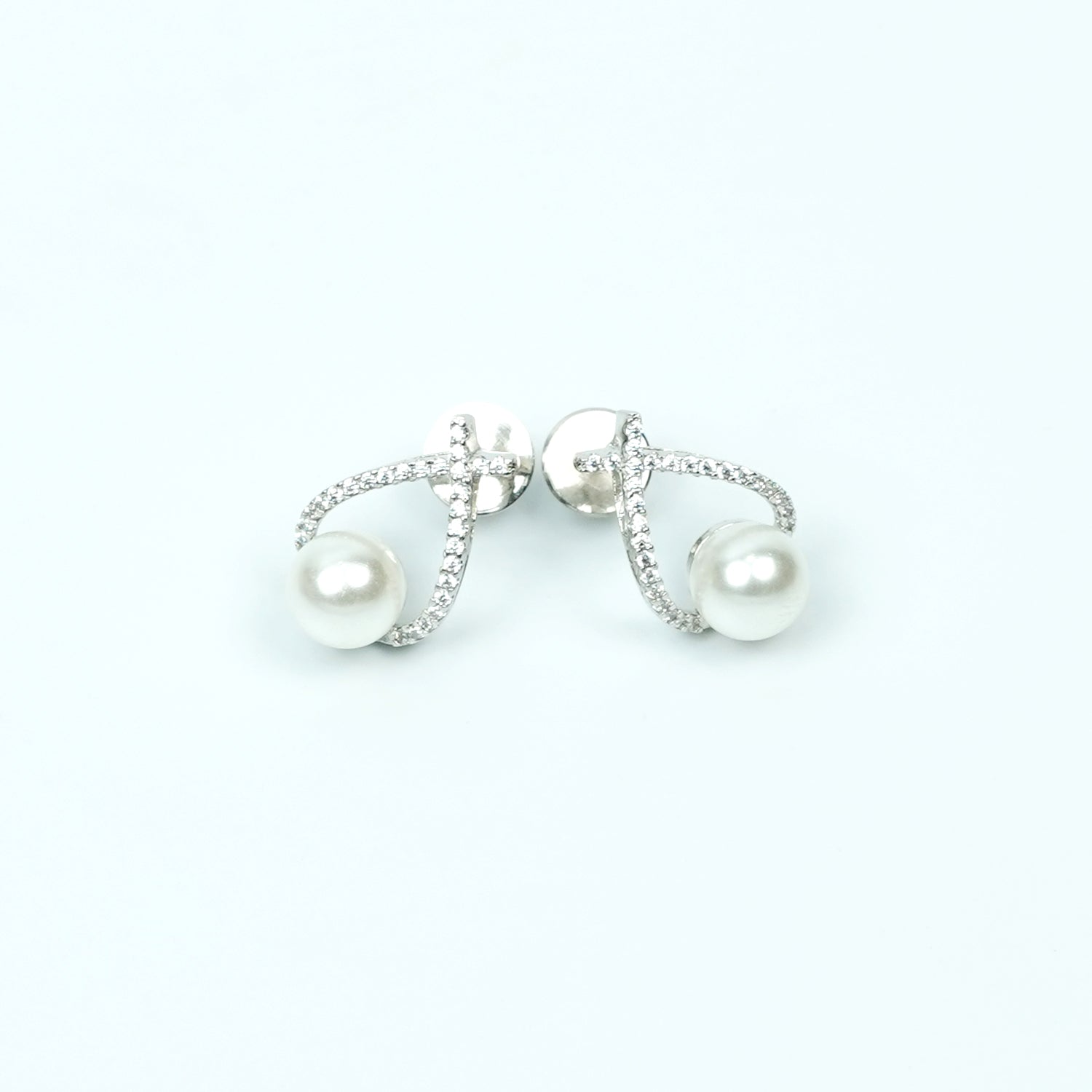 Zevar Club Rhodium-Plated Handcrafted Cubic Zirconia & White Pearl Loop Stud Earrings