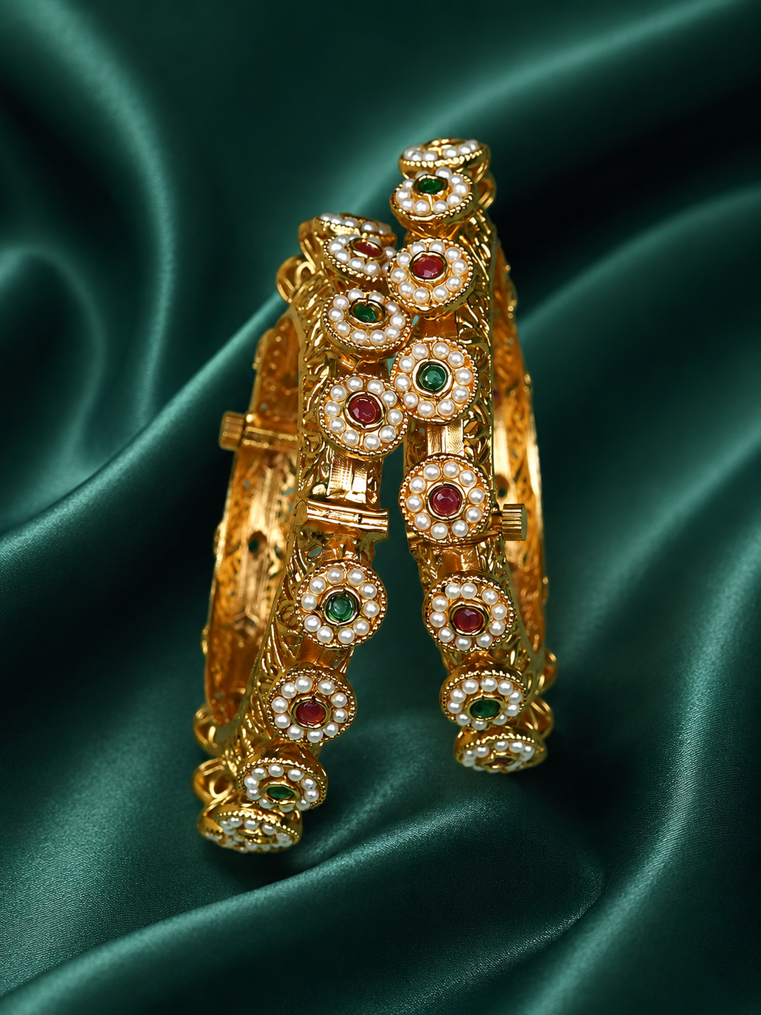 Zevar Club Set of 2 22K Gold-Plated Handcrafted Bangles  with Ruby Emerald Kundan Floral & Pearl Accents