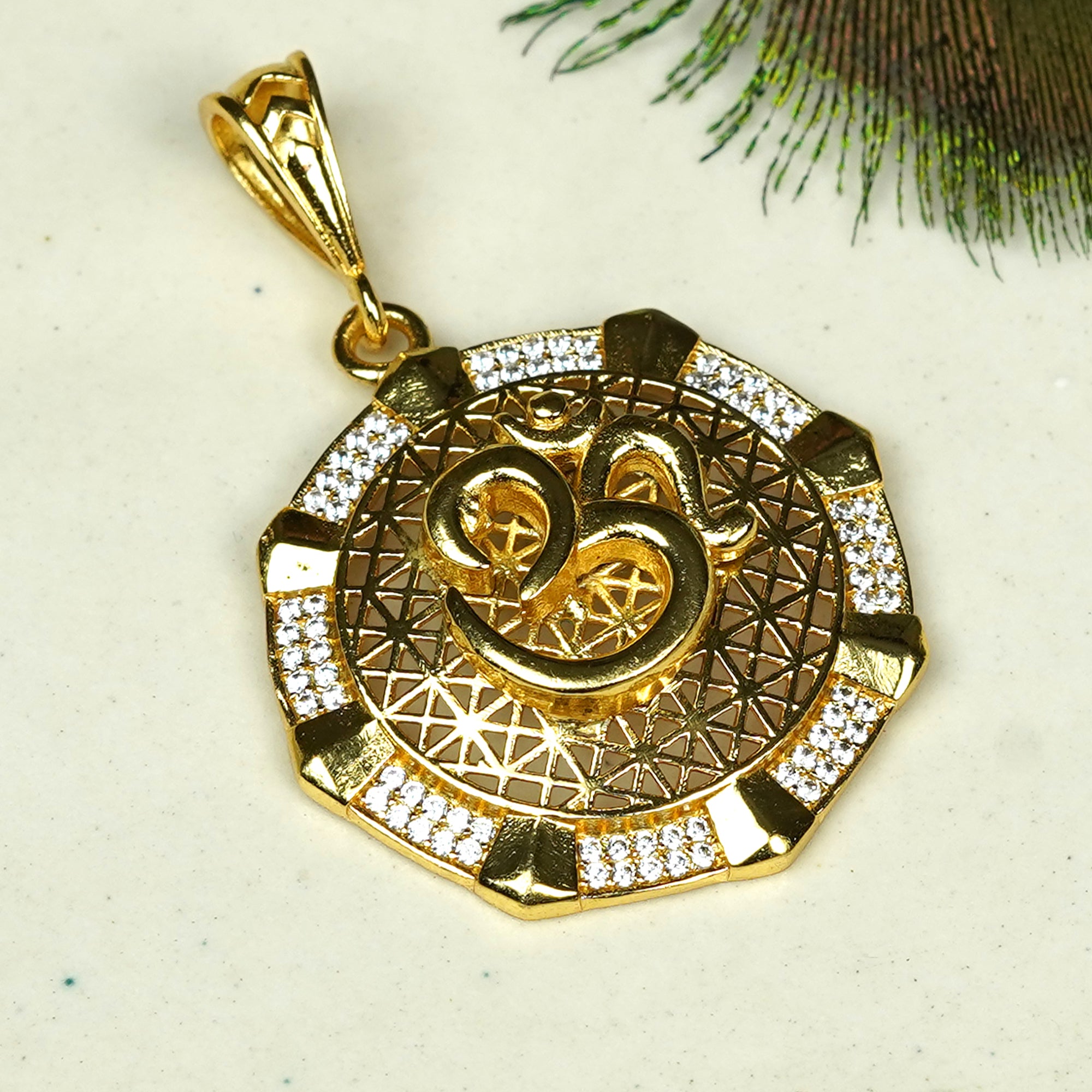 Zevar Club 18K Gold Plated Cubic Zirconia Studded Circular Om Design Pendant for Women