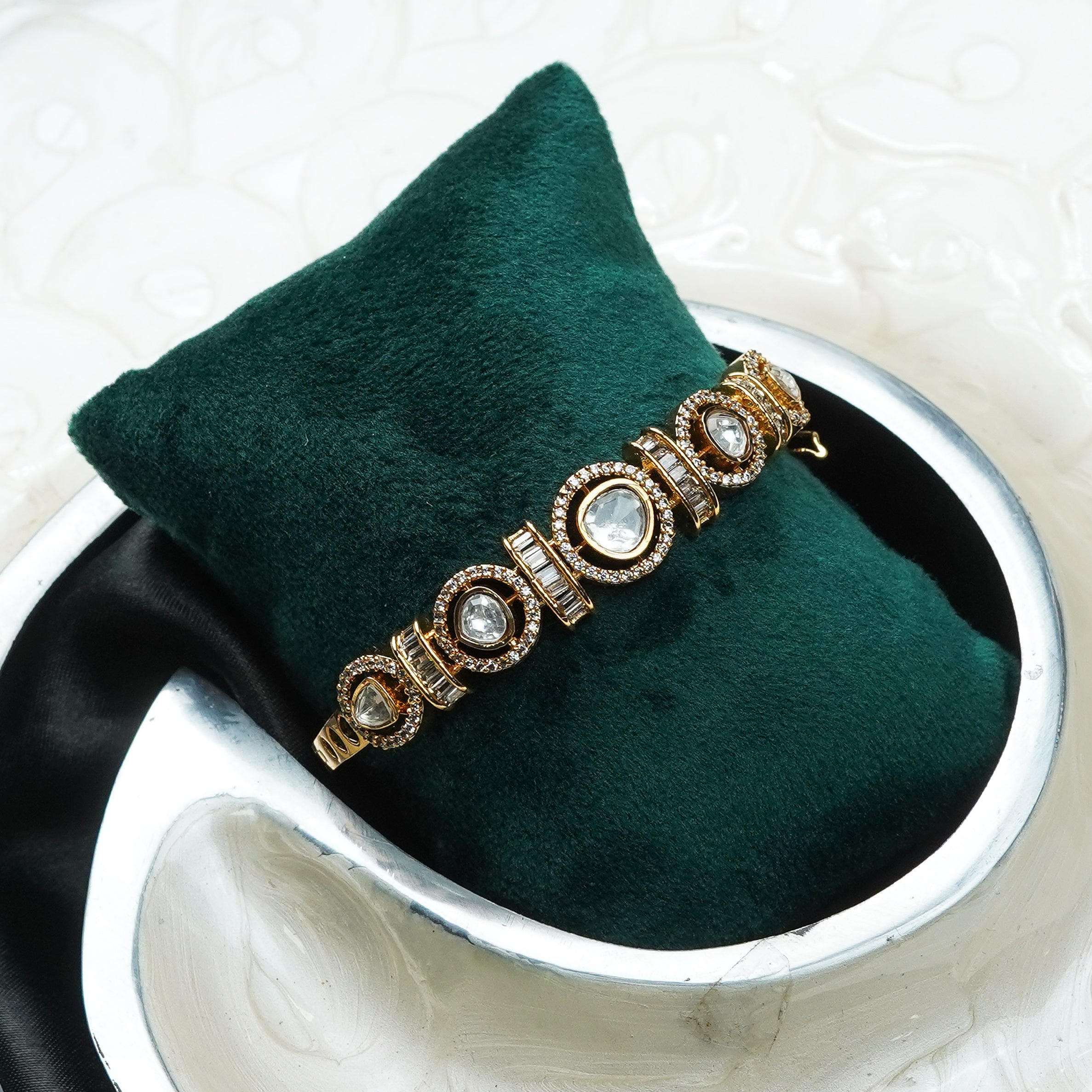 Zevar Club Gold-Toned White Kundan & Cubic Zirconia Studded Emerald Green Luxury Statement Bracelet