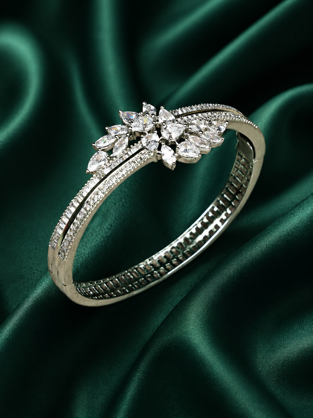 Zevar Club 22K Gold-Plated Floral Cluster Handcrafted AAA CZ Studded Baguette-Lined Openable Bracelet