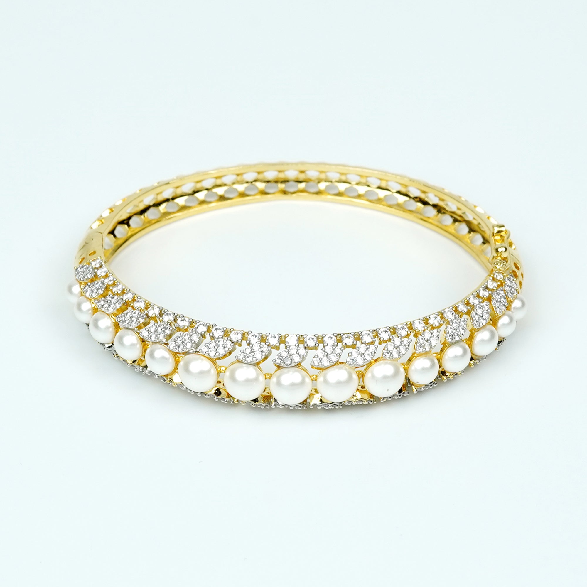 Zevar Club 22K Rhodium-Plated Handcrafted Pearl Embedded Design AAA Cubic Zirconia Studded Openable Bracelet