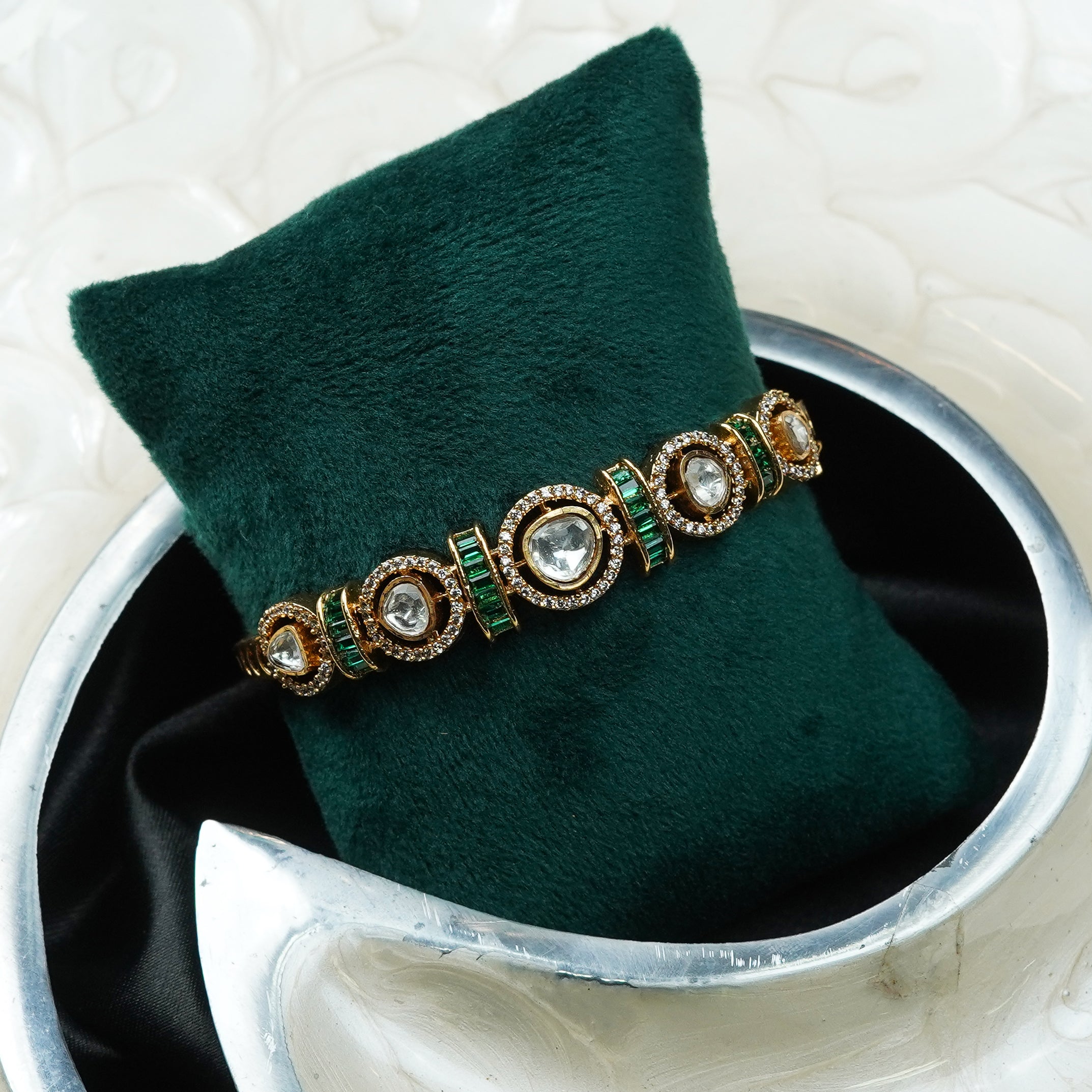 Zevar Club Gold-Toned White Kundan & Cubic Zirconia Studded Emerald Green Luxury Statement Bracelet