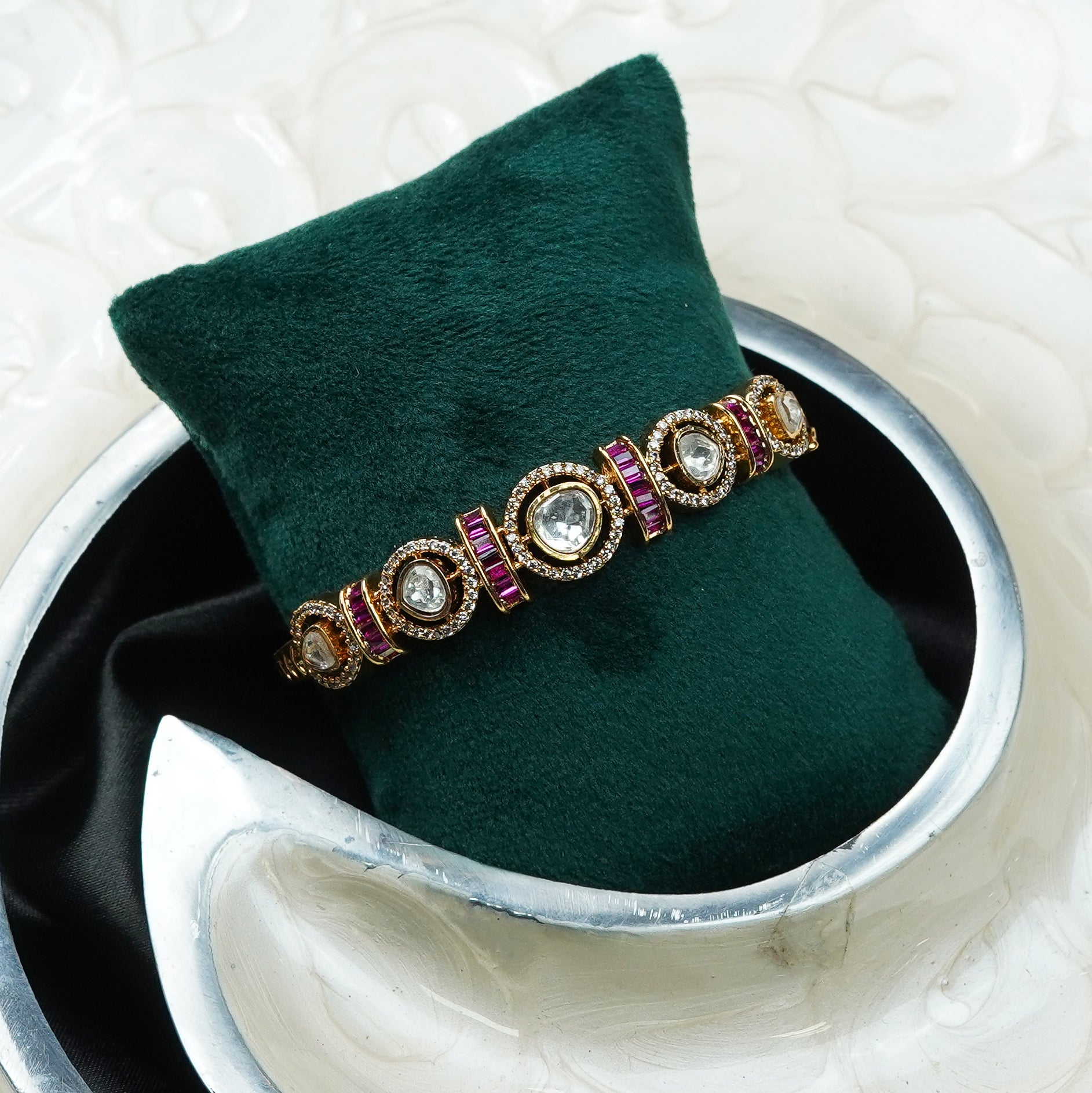 Zevar Club Gold-Toned White Kundan & Cubic Zirconia Studded Emerald Green Luxury Statement Bracelet