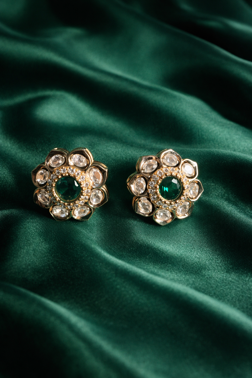 Zevar Club 14K Gold Plated Refined Emerald Floral Stud Earrings