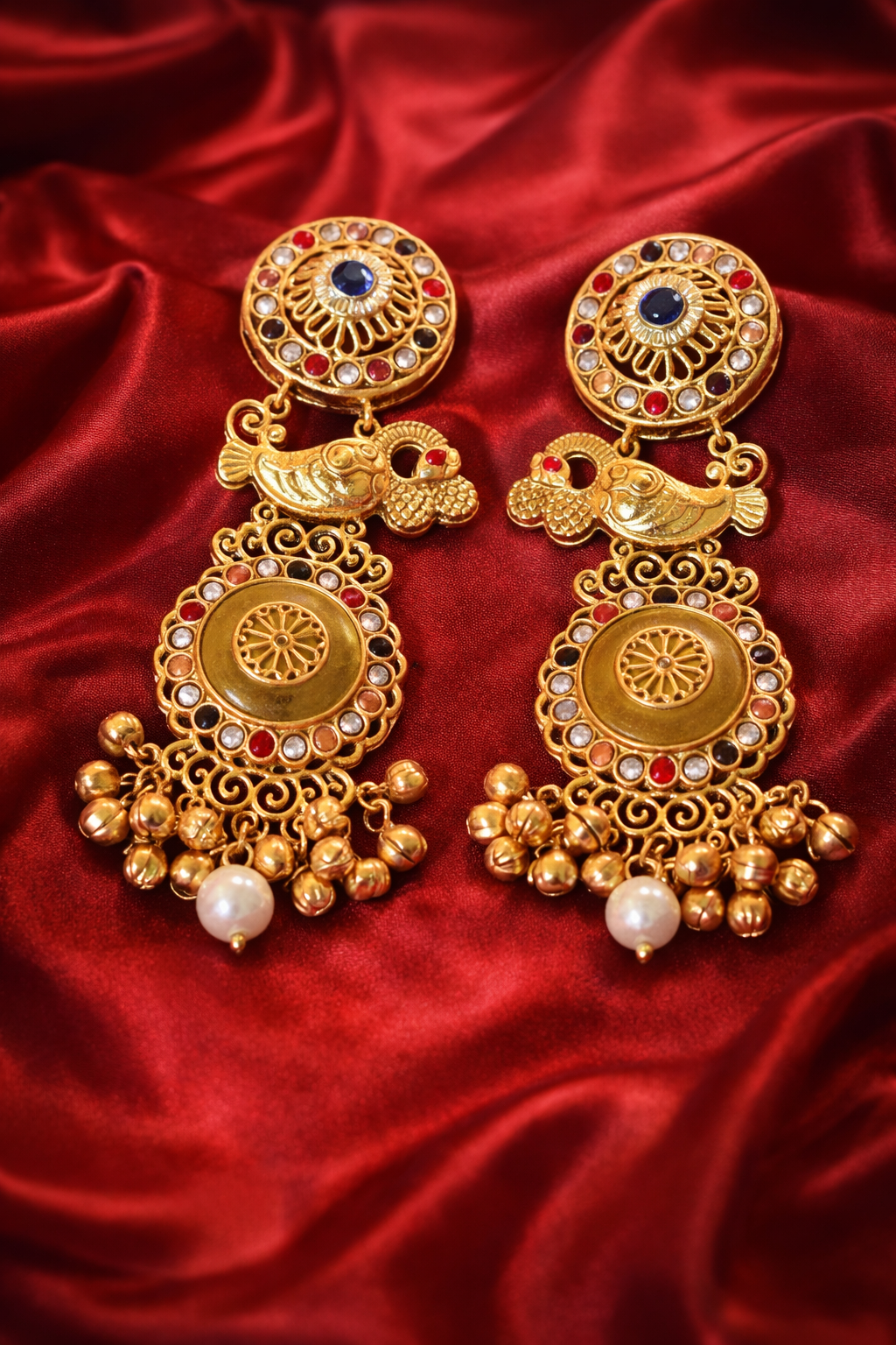 Zevar Club 14K Statement Antique Peacock Motif Navratan Kashmiri Earrings